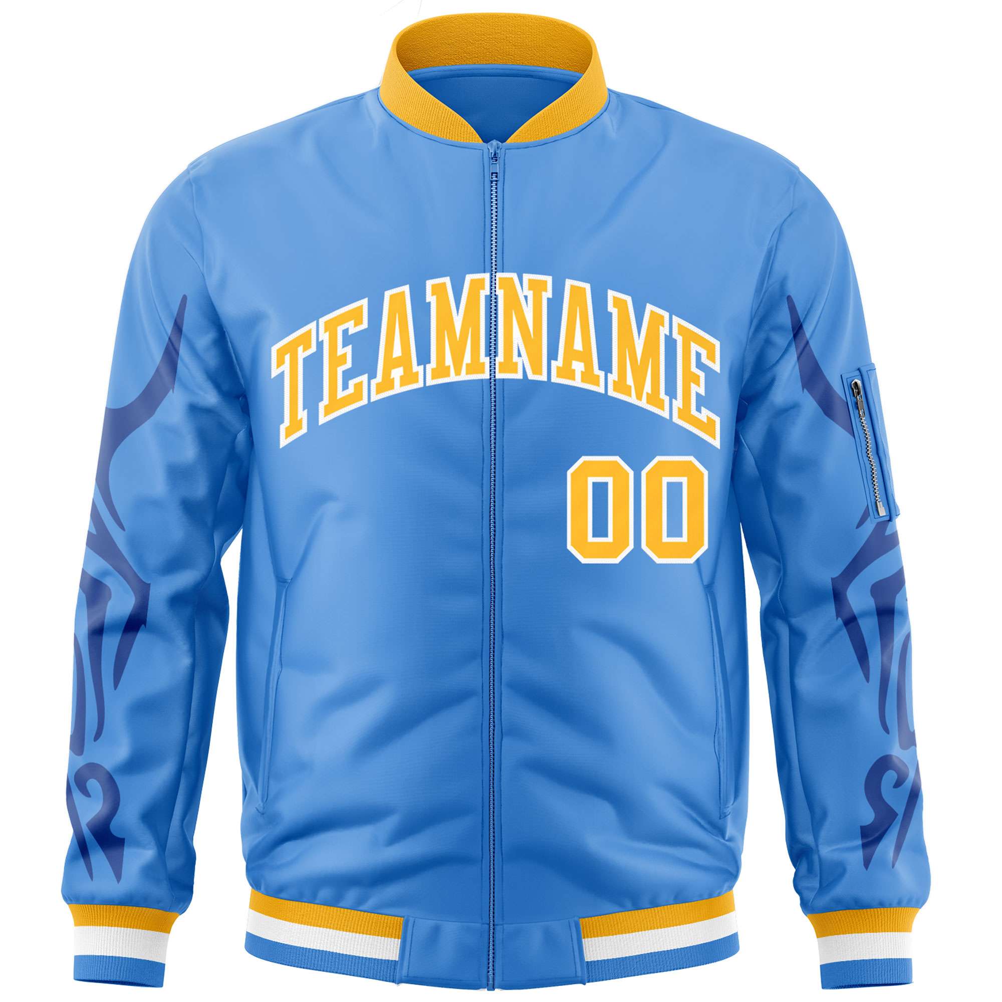 Custom Powder Blue Gold Varsity Full-Zip Dragon Head Graffiti Pattern Letterman Bomber Jacket