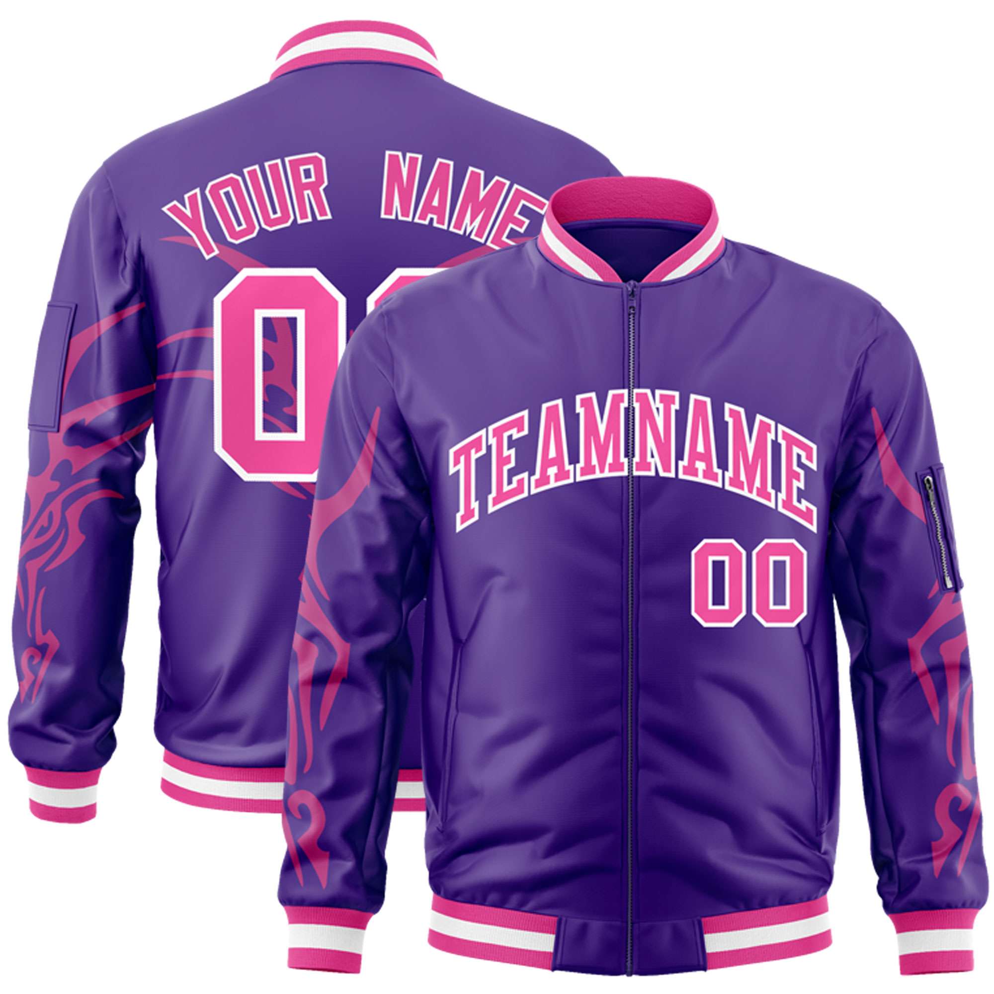 Custom Purple Pink Varsity Full-Zip Dragon Head Graffiti Pattern Letterman Bomber Jacket