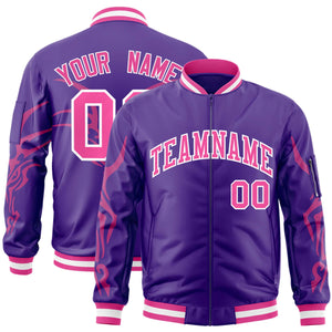 Custom Purple Pink Varsity Full-Zip Dragon Head Graffiti Pattern Letterman Bomber Jacket