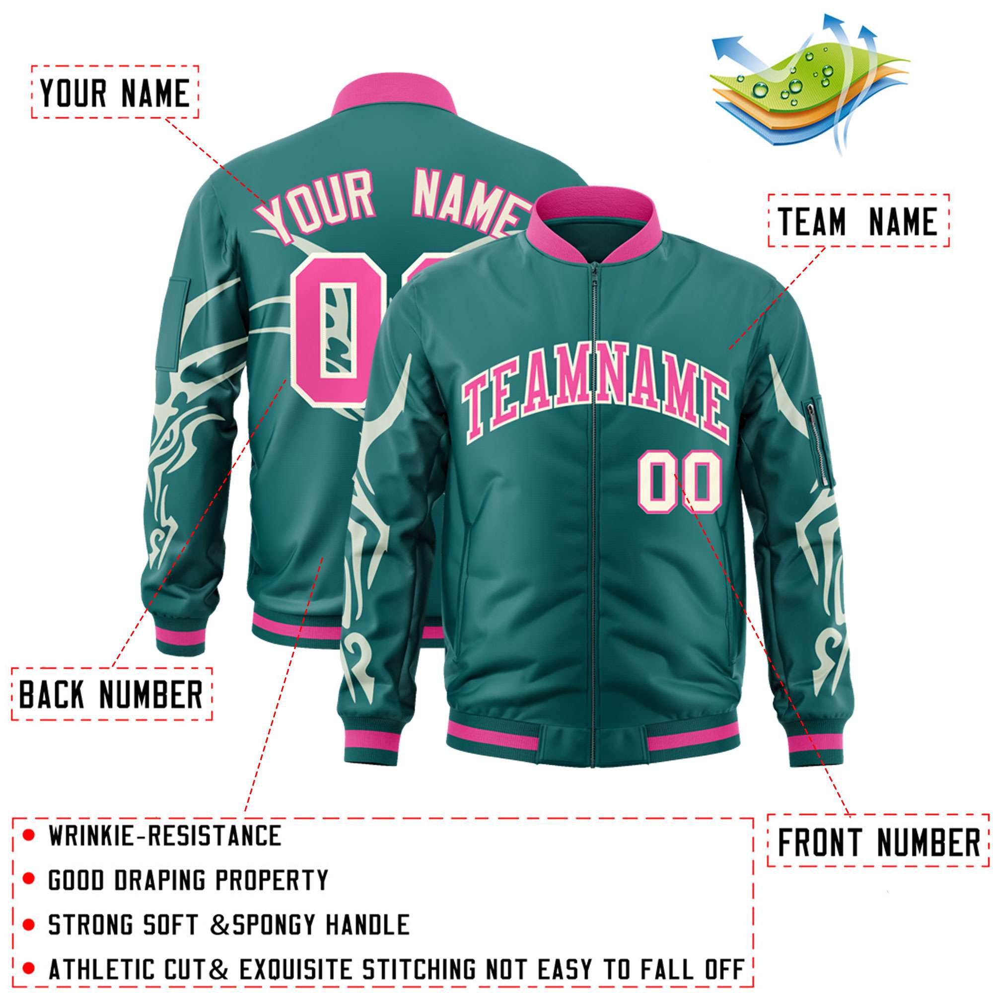 Custom Aqua Cream Varsity Full-Zip Dragon Head Graffiti Pattern Letterman Bomber Jacket