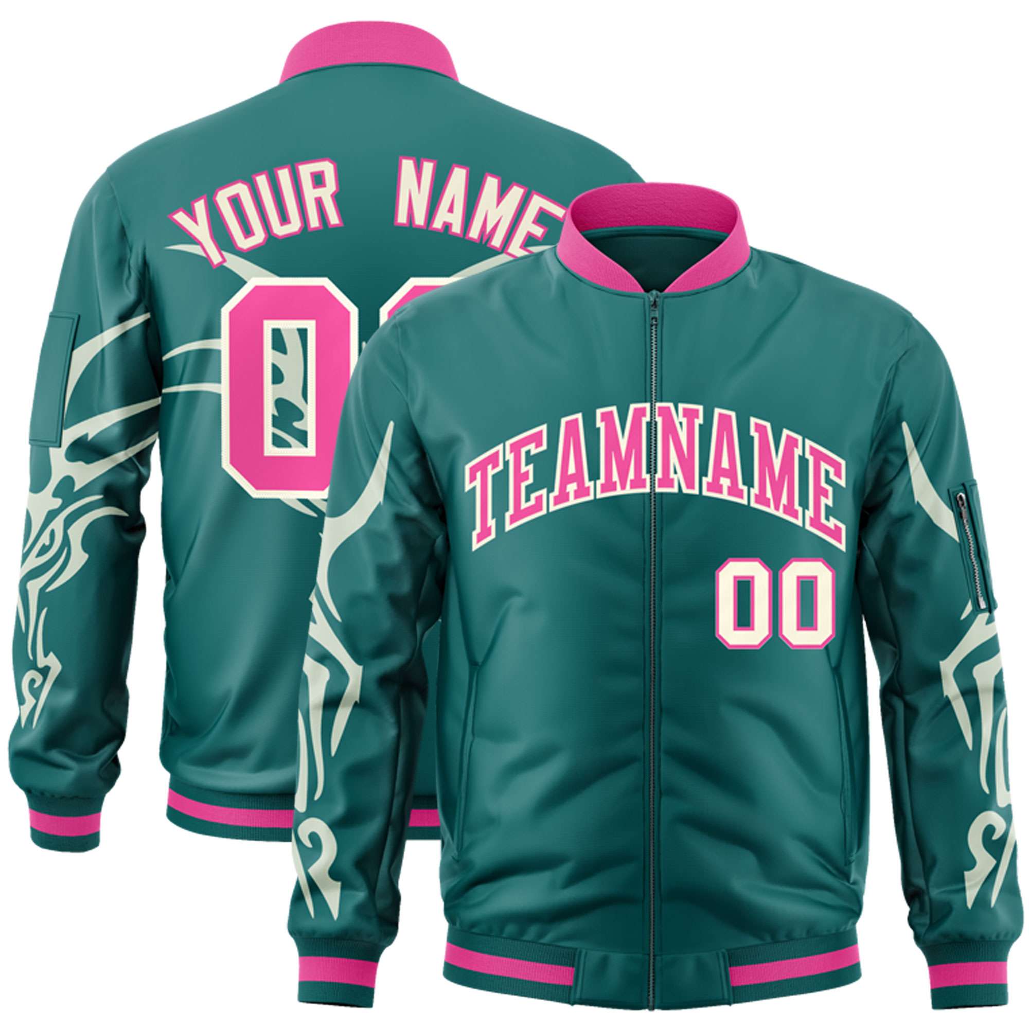 Custom Aqua Cream Varsity Full-Zip Dragon Head Graffiti Pattern Letterman Bomber Jacket