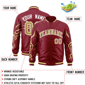 Custom Crimson Old Gold Varsity Full-Zip Dragon Head Graffiti Pattern Letterman Bomber Jacket