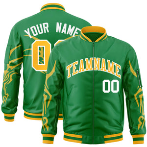 Custom Kelly Green Gold Varsity Full-Zip Dragon Head Graffiti Pattern Letterman Bomber Jacket