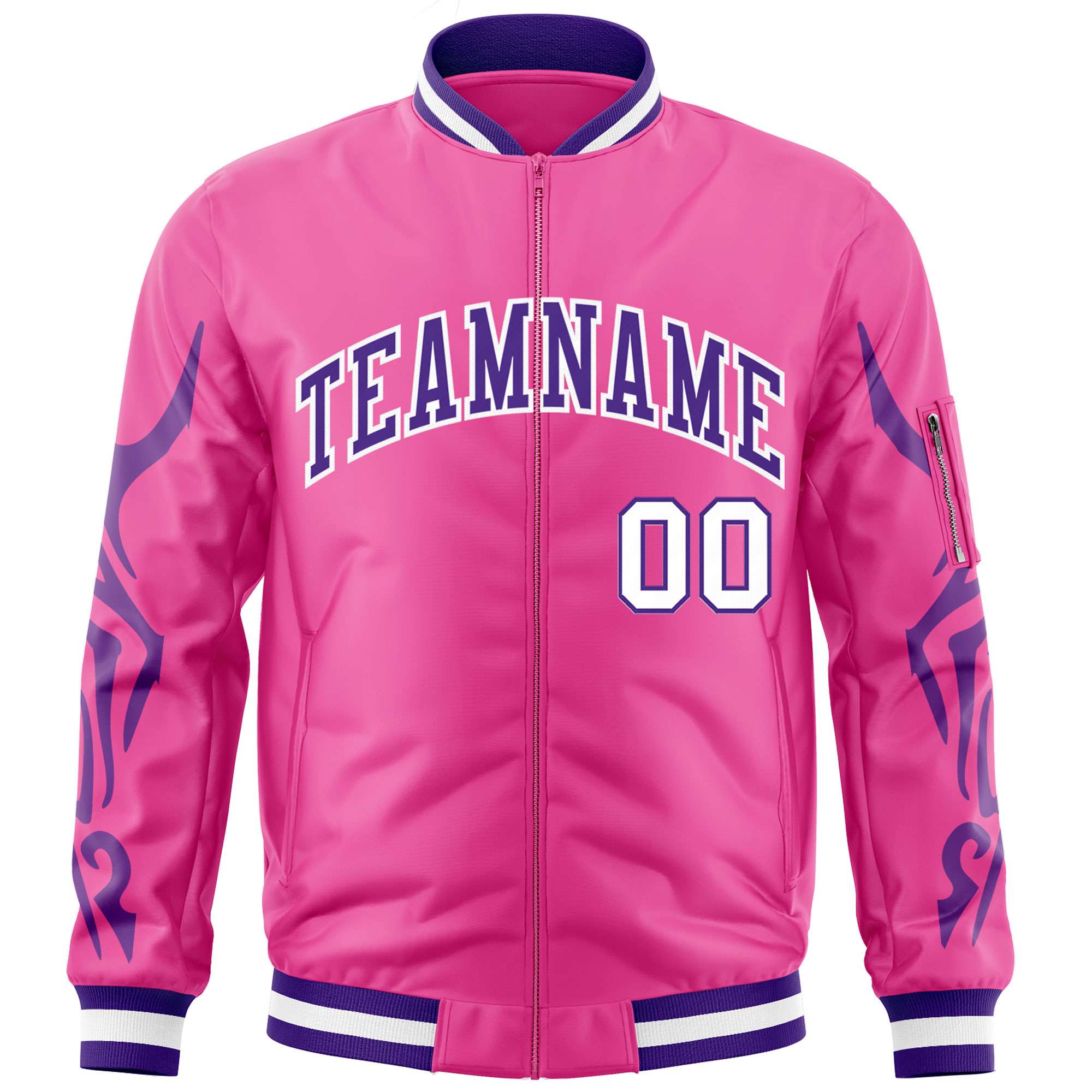 Custom Pink Purple Varsity Full-Zip Dragon Head Graffiti Pattern Letterman Bomber Jacket