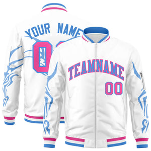 Custom White Powder Blue Varsity Full-Zip Dragon Head Graffiti Pattern Letterman Bomber Jacket