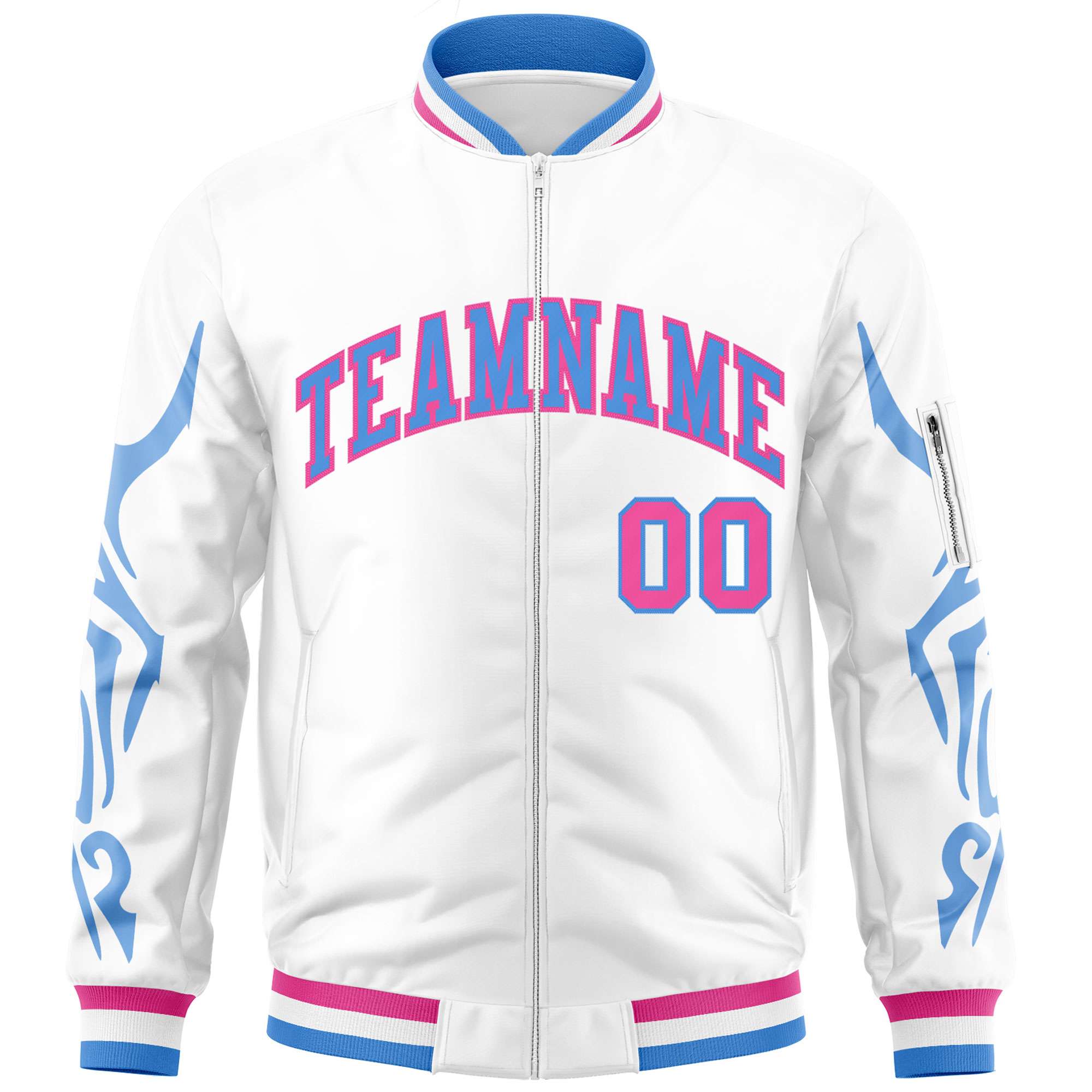 Custom White Powder Blue Varsity Full-Zip Dragon Head Graffiti Pattern Letterman Bomber Jacket