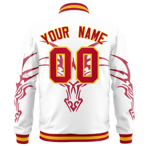 Custom White Red Varsity Full-Zip Dragon Head Graffiti Pattern Letterman Bomber Jacket