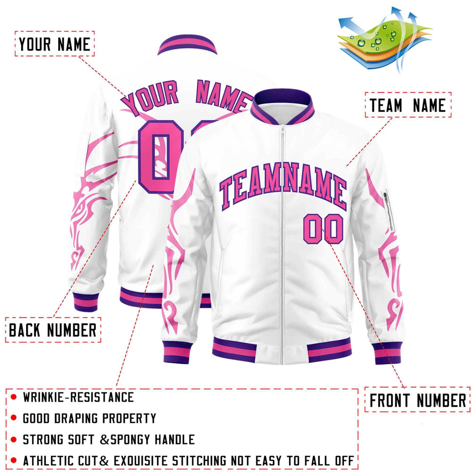 Custom White Pink Varsity Full-Zip Dragon Head Graffiti Pattern Letterman Bomber Jacket