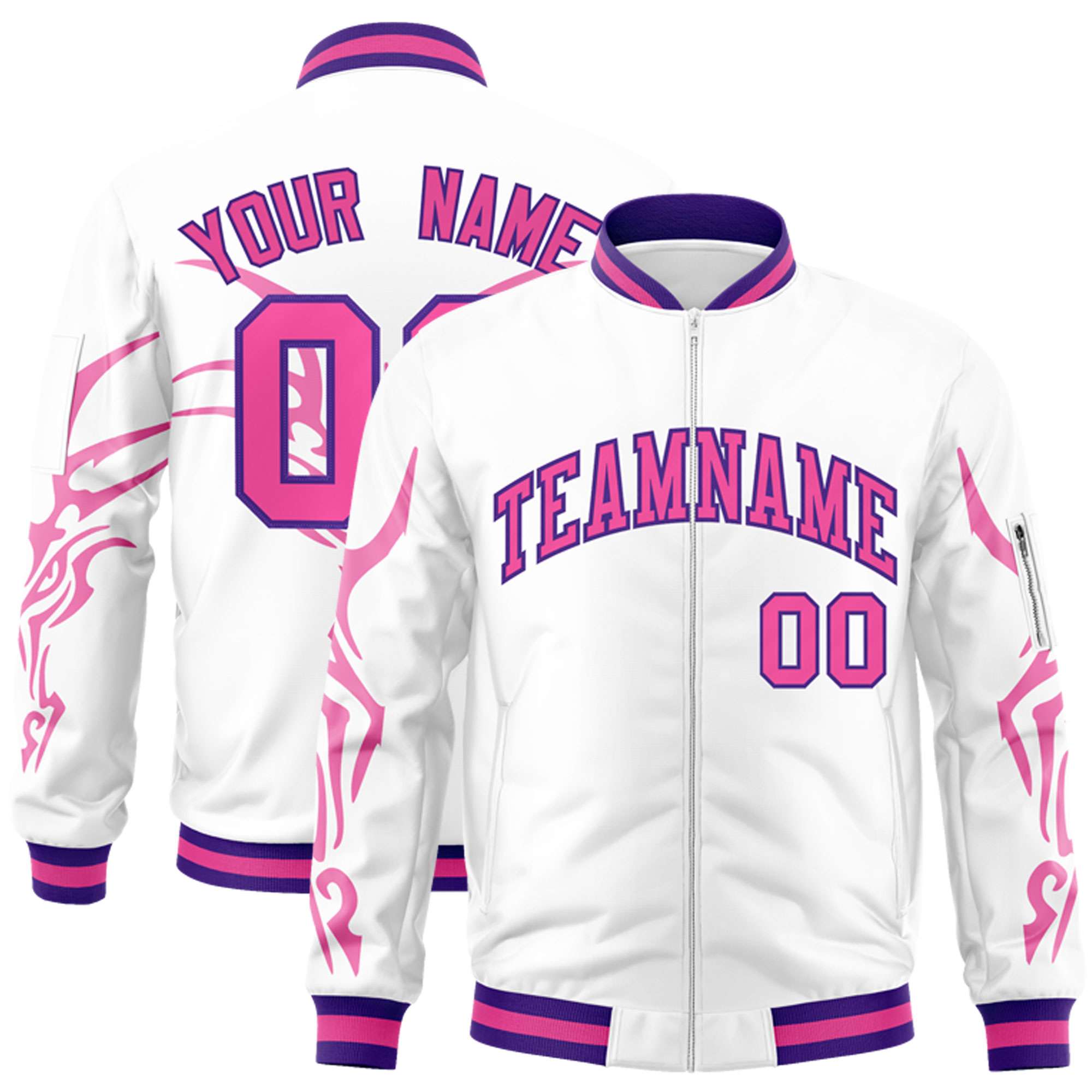 Custom White Pink Varsity Full-Zip Dragon Head Graffiti Pattern Letterman Bomber Jacket