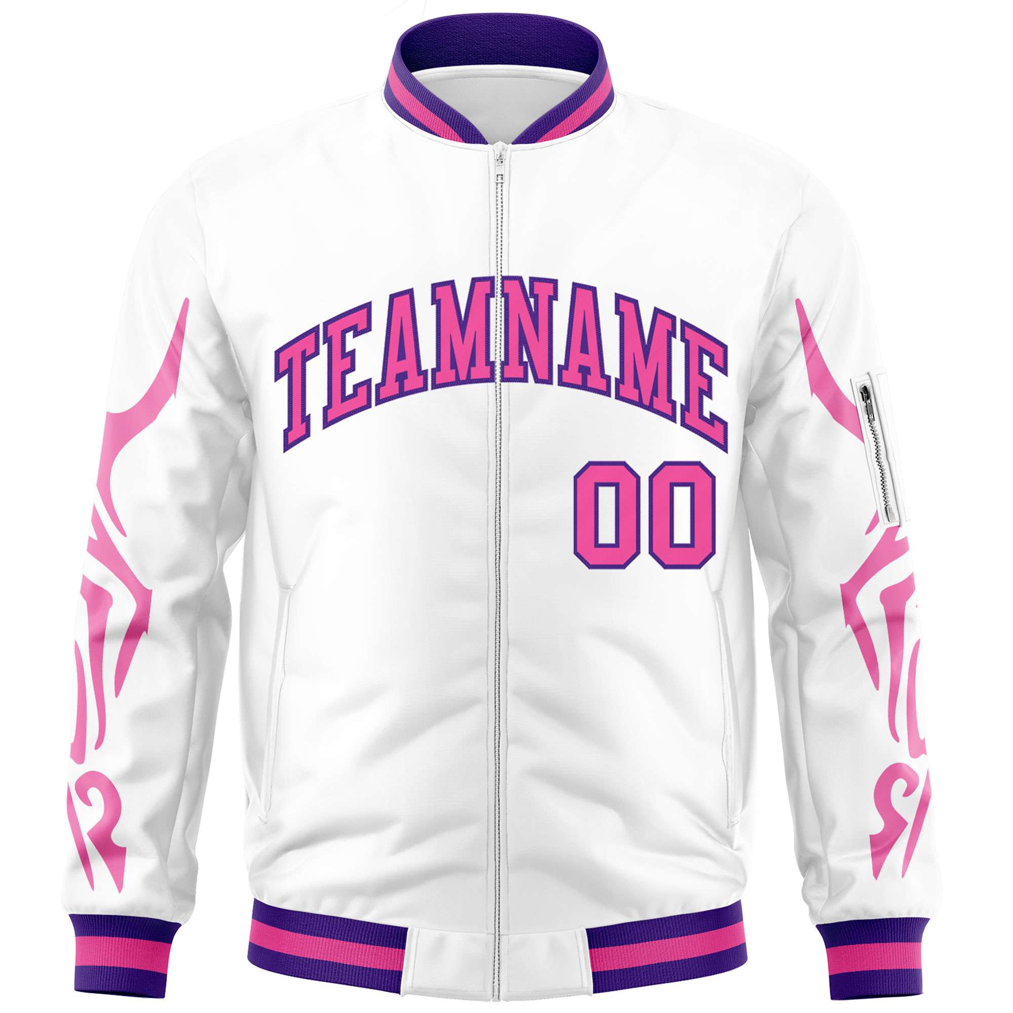 Custom White Pink Varsity Full-Zip Dragon Head Graffiti Pattern Letterman Bomber Jacket