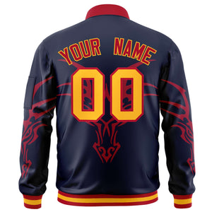 Custom Navy Red Varsity Full-Zip Dragon Head Graffiti Pattern Letterman Bomber Jacket