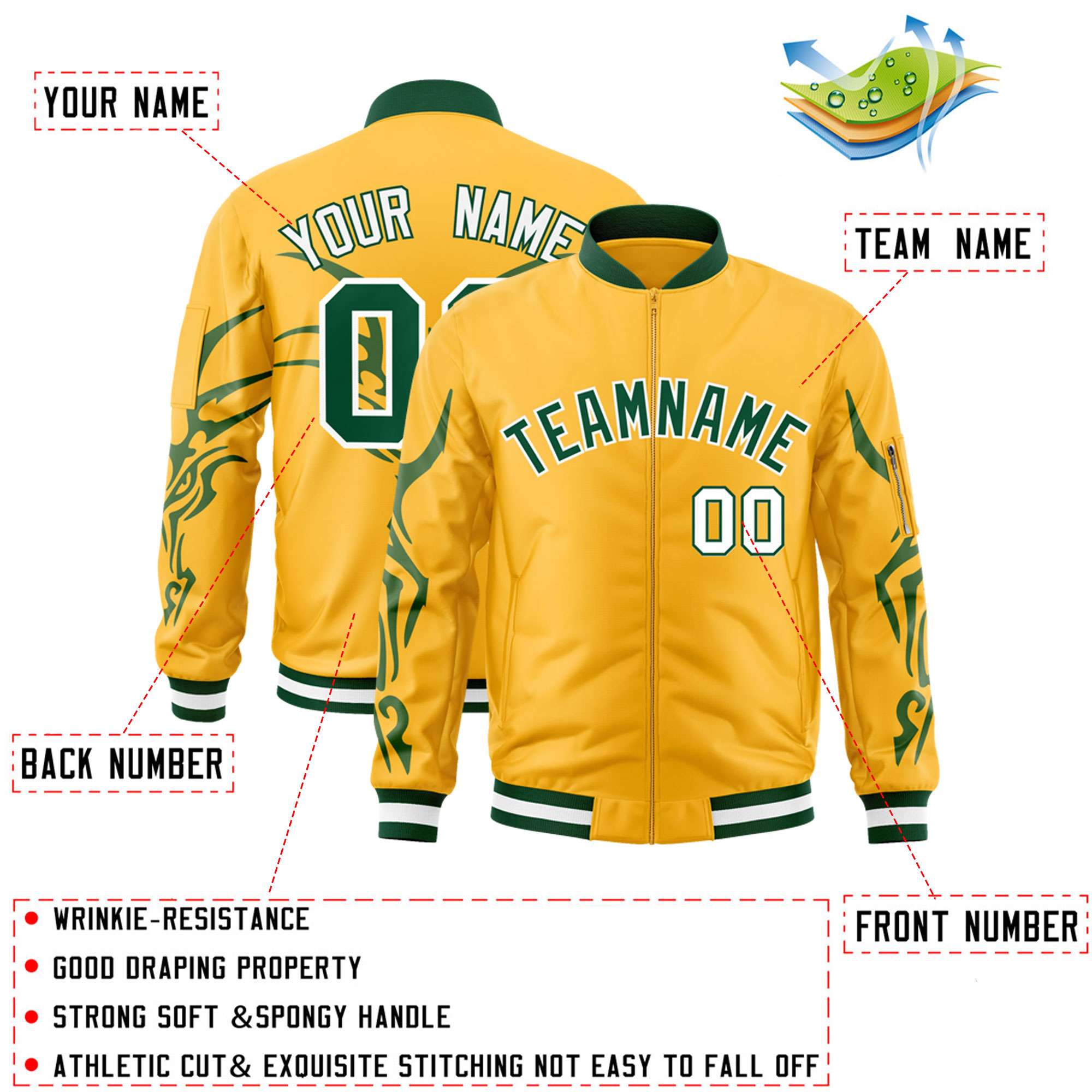 Custom Gold Green Varsity Full-Zip Dragon Head Graffiti Pattern Letterman Bomber Jacket