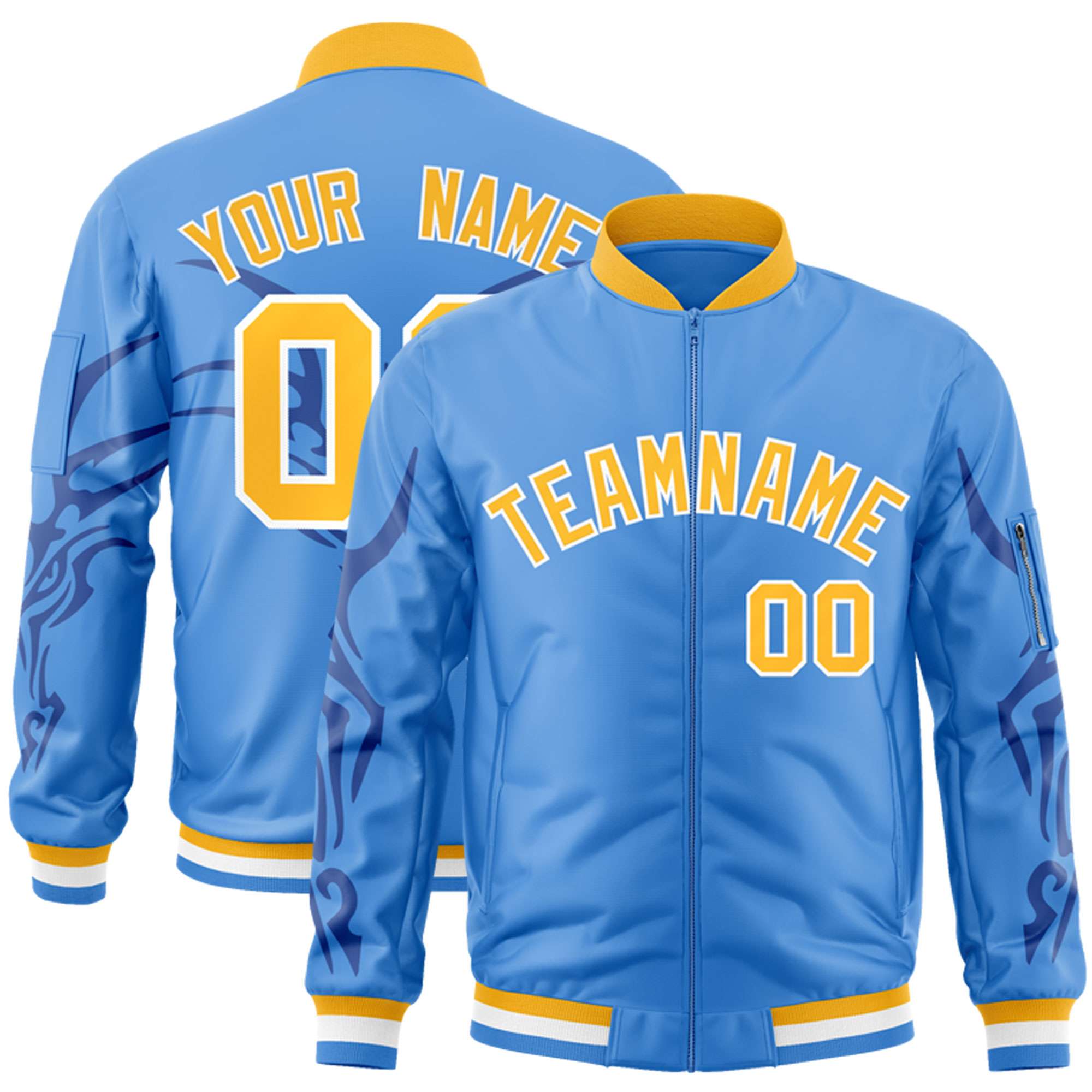 Custom Powder Blue Gold Varsity Full-Zip Dragon Head Graffiti Pattern Letterman Bomber Jacket