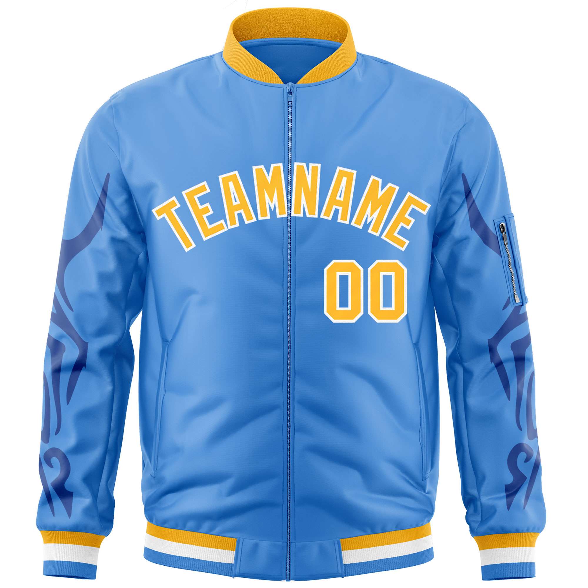 Custom Powder Blue Gold Varsity Full-Zip Dragon Head Graffiti Pattern Letterman Bomber Jacket