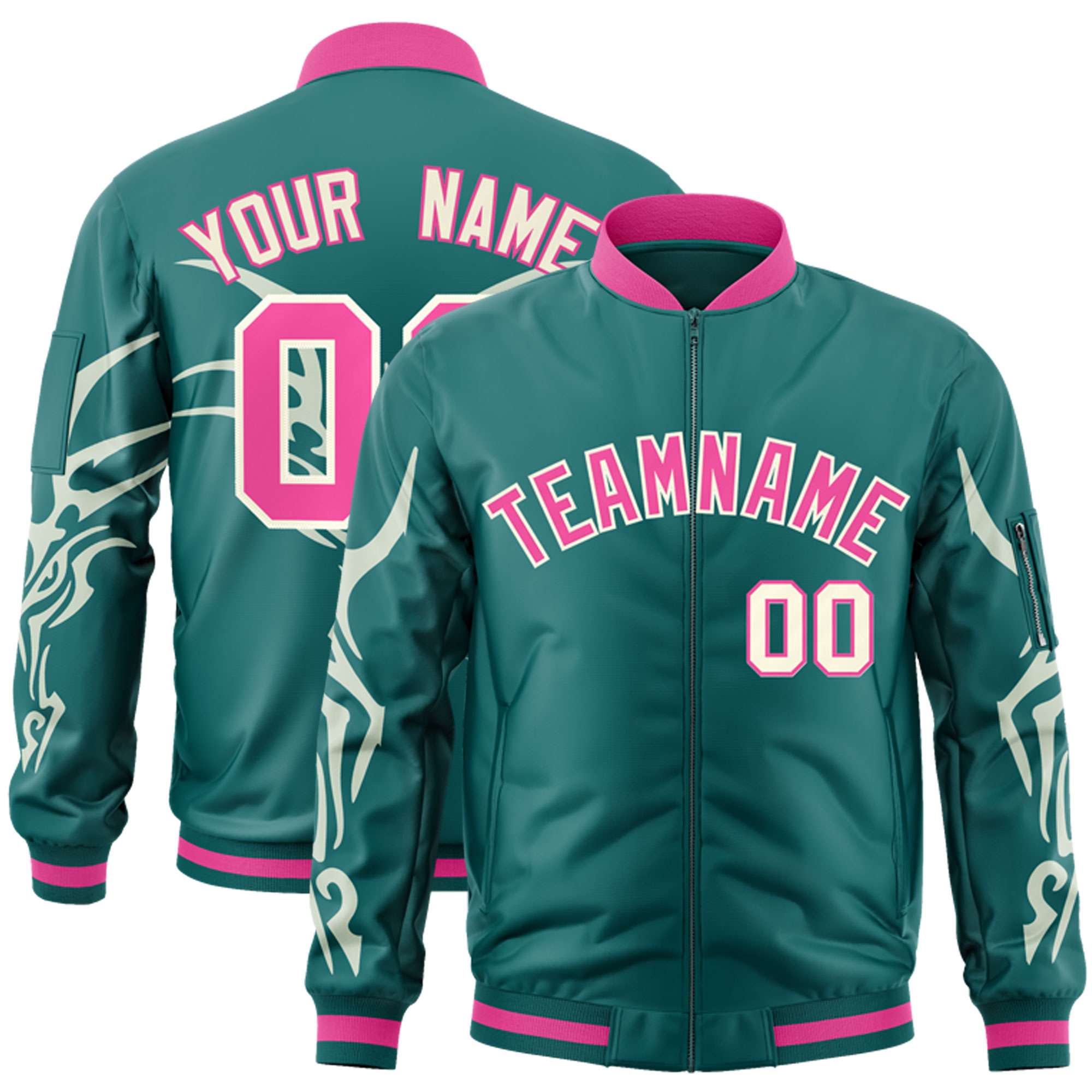 Custom Aqua Cream Varsity Full-Zip Dragon Head Graffiti Pattern Letterman Bomber Jacket