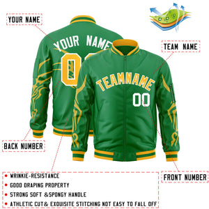 Custom Kelly Green Gold Varsity Full-Zip Dragon Head Graffiti Pattern Letterman Bomber Jacket