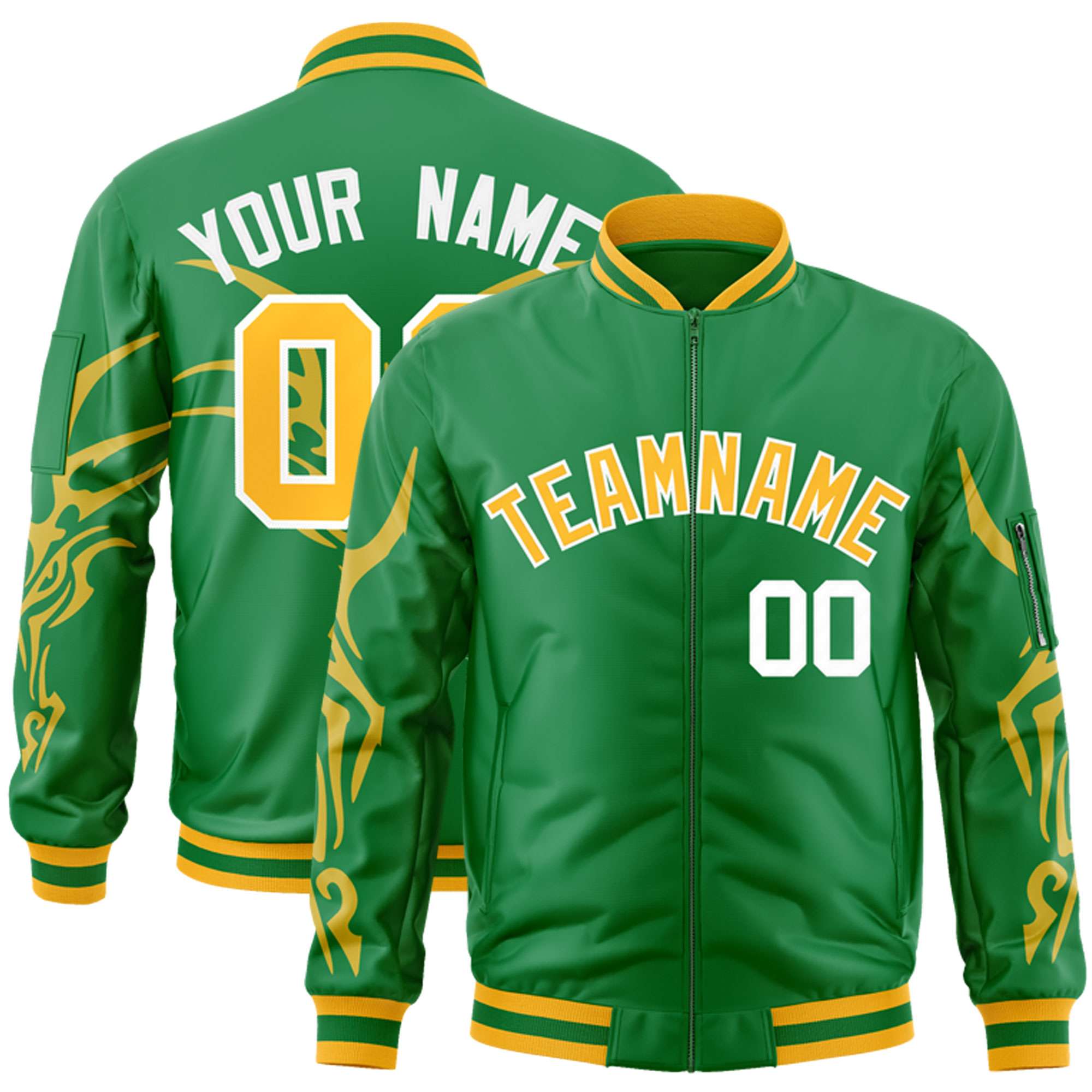 Custom Kelly Green Gold Varsity Full-Zip Dragon Head Graffiti Pattern Letterman Bomber Jacket