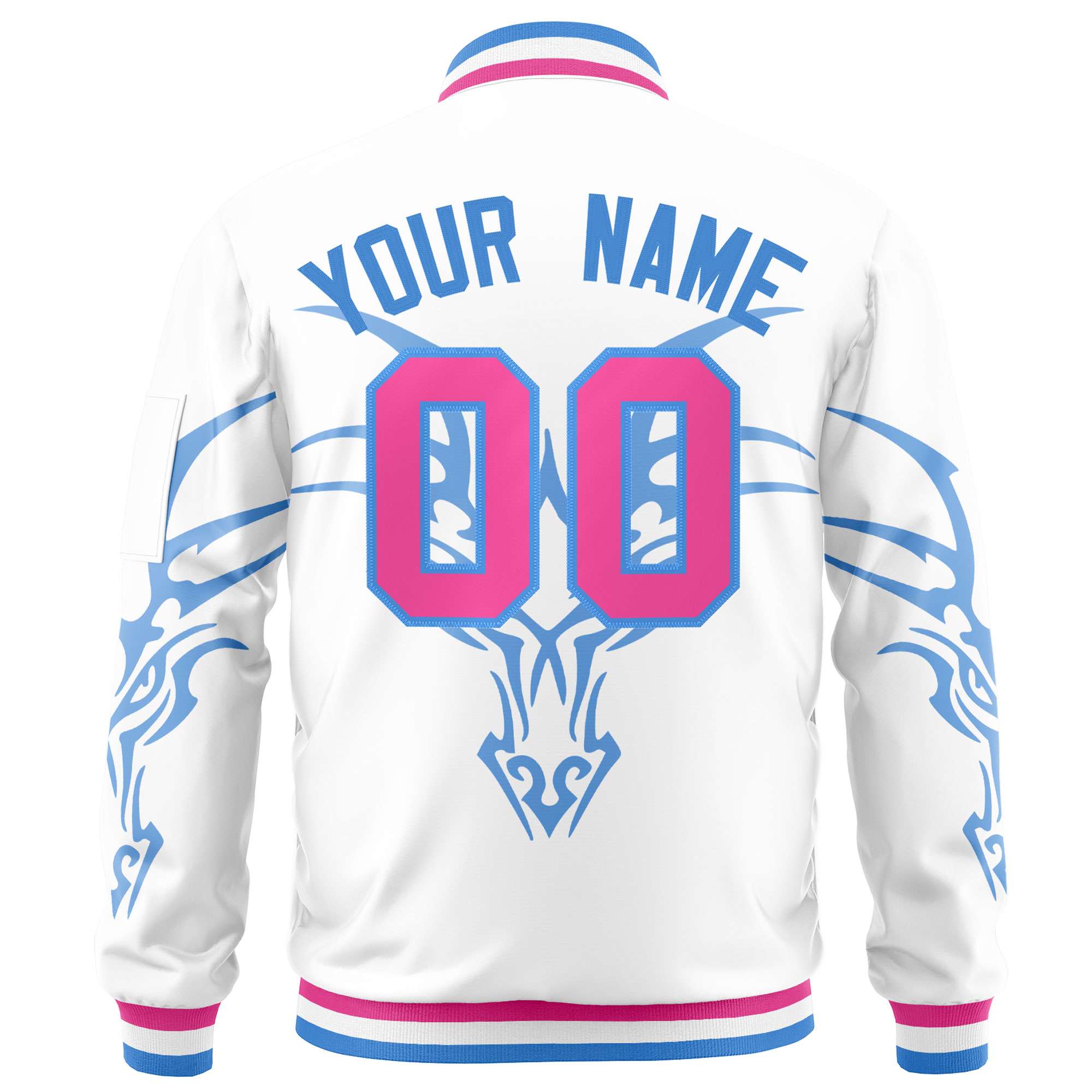 Custom White Powder Blue Varsity Full-Zip Dragon Head Graffiti Pattern Letterman Bomber Jacket