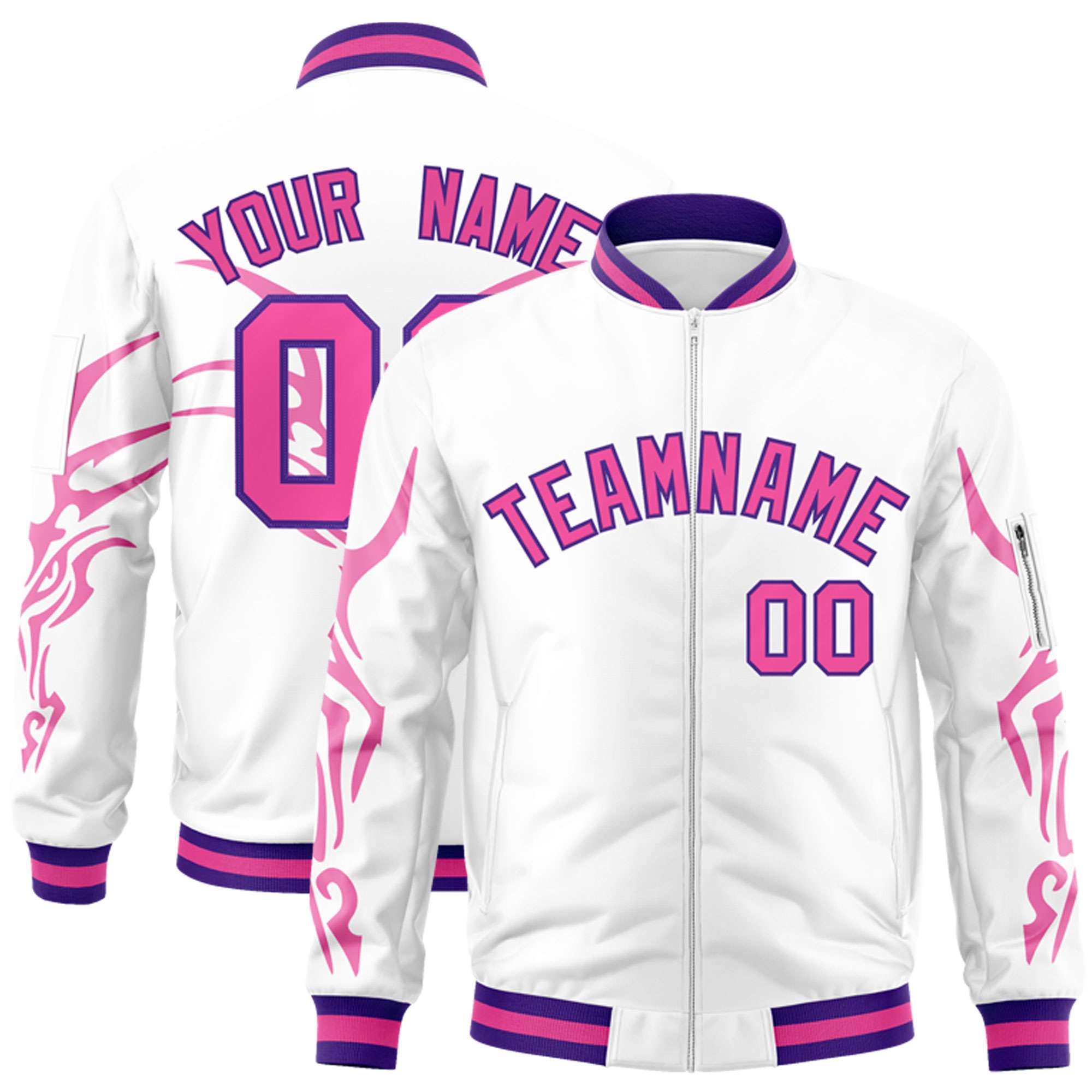 Custom White Pink Varsity Full-Zip Dragon Head Graffiti Pattern Letterman Bomber Jacket