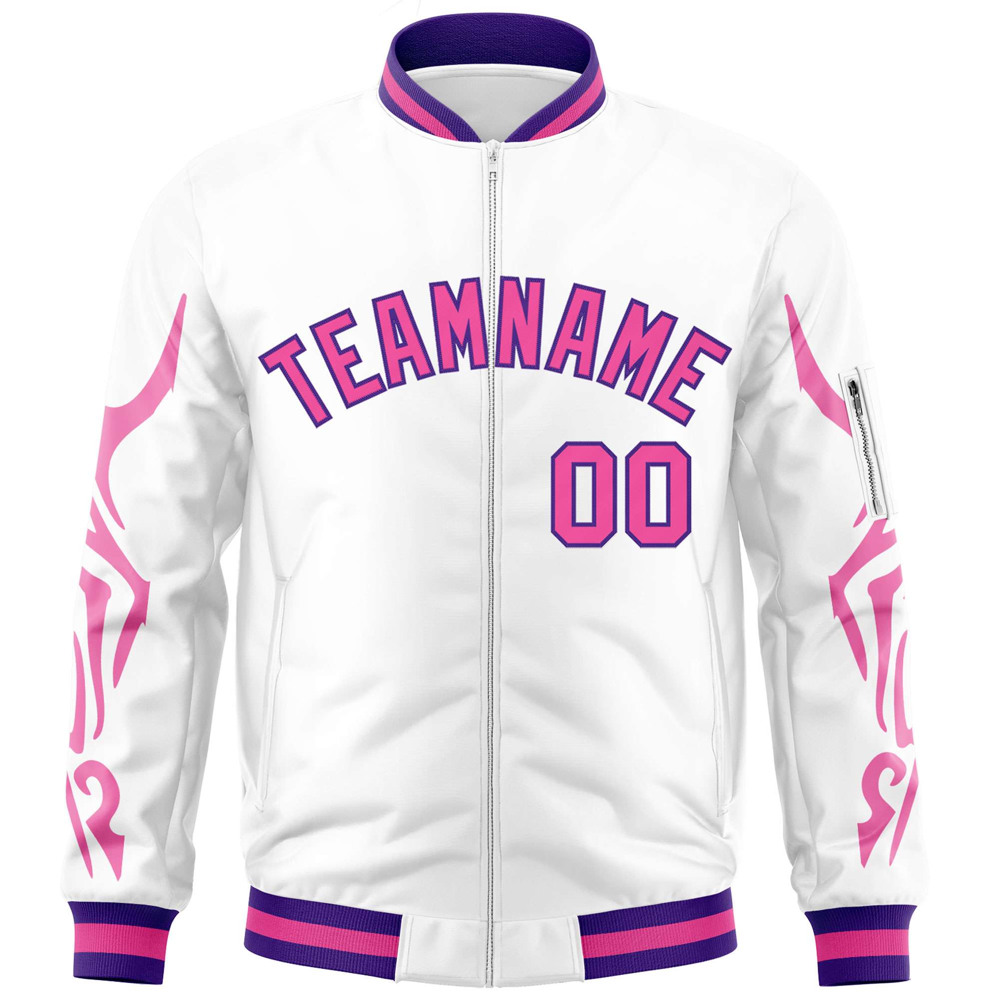 Custom White Pink Varsity Full-Zip Dragon Head Graffiti Pattern Letterman Bomber Jacket