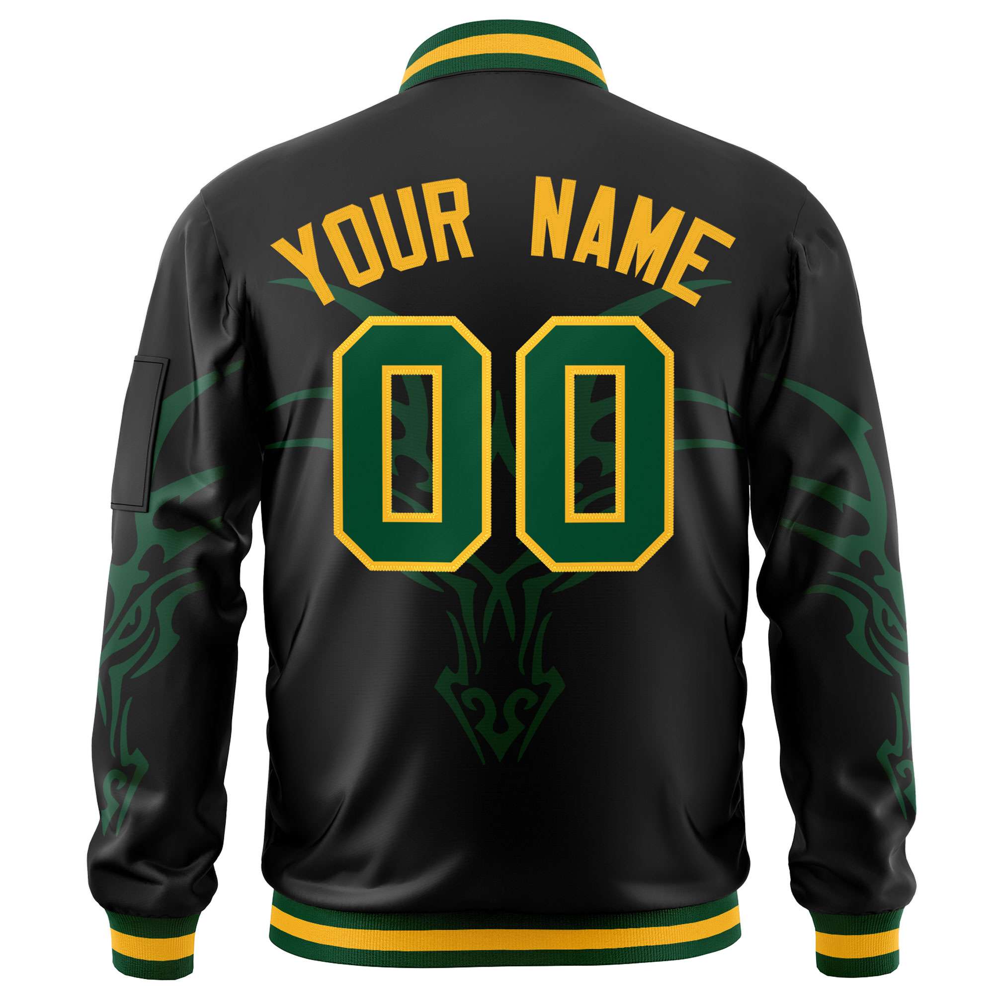 Custom Black Green Varsity Full-Zip Dragon Head Graffiti Pattern Letterman Bomber Jacket