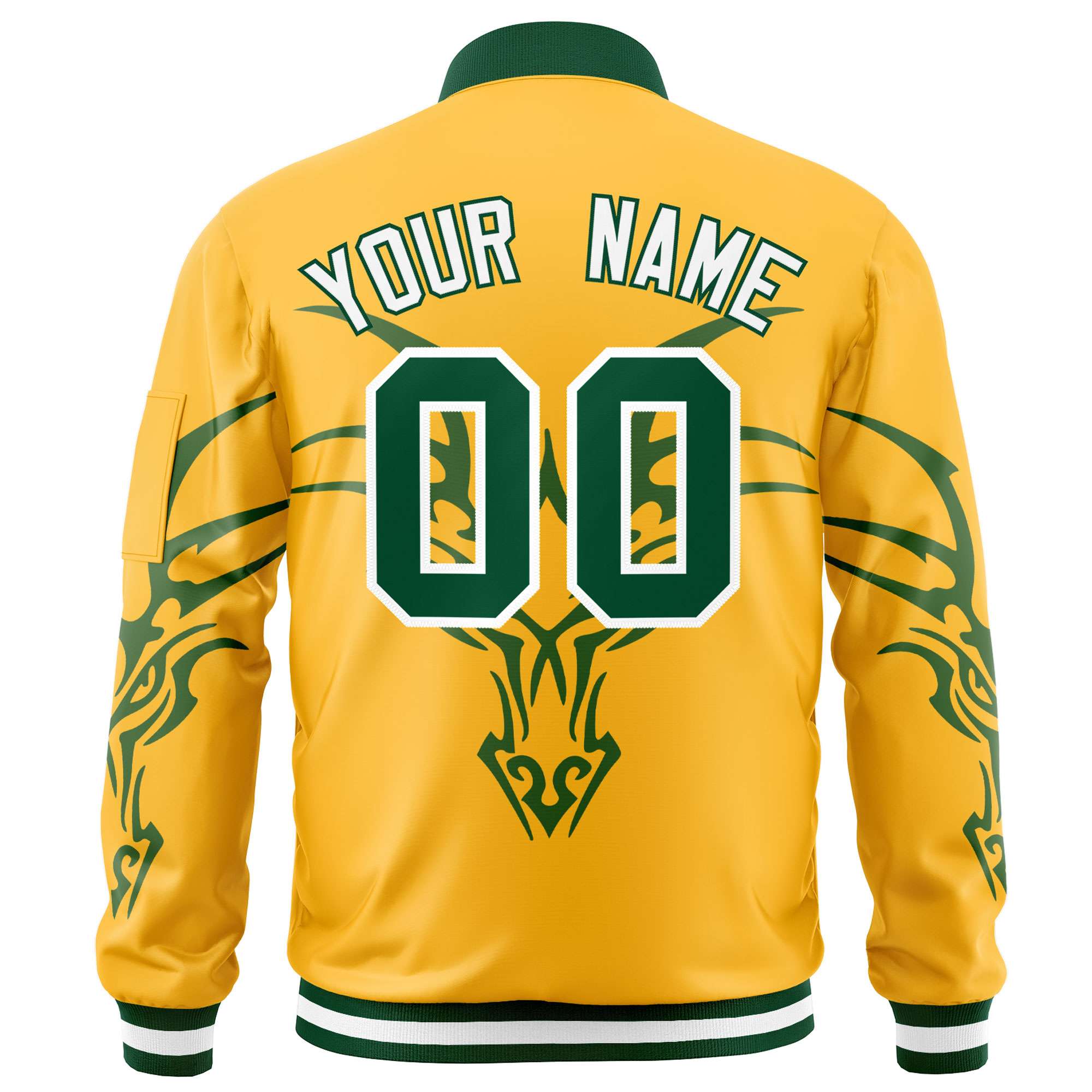 Custom Gold Green Varsity Full-Zip Dragon Head Graffiti Pattern Letterman Bomber Jacket