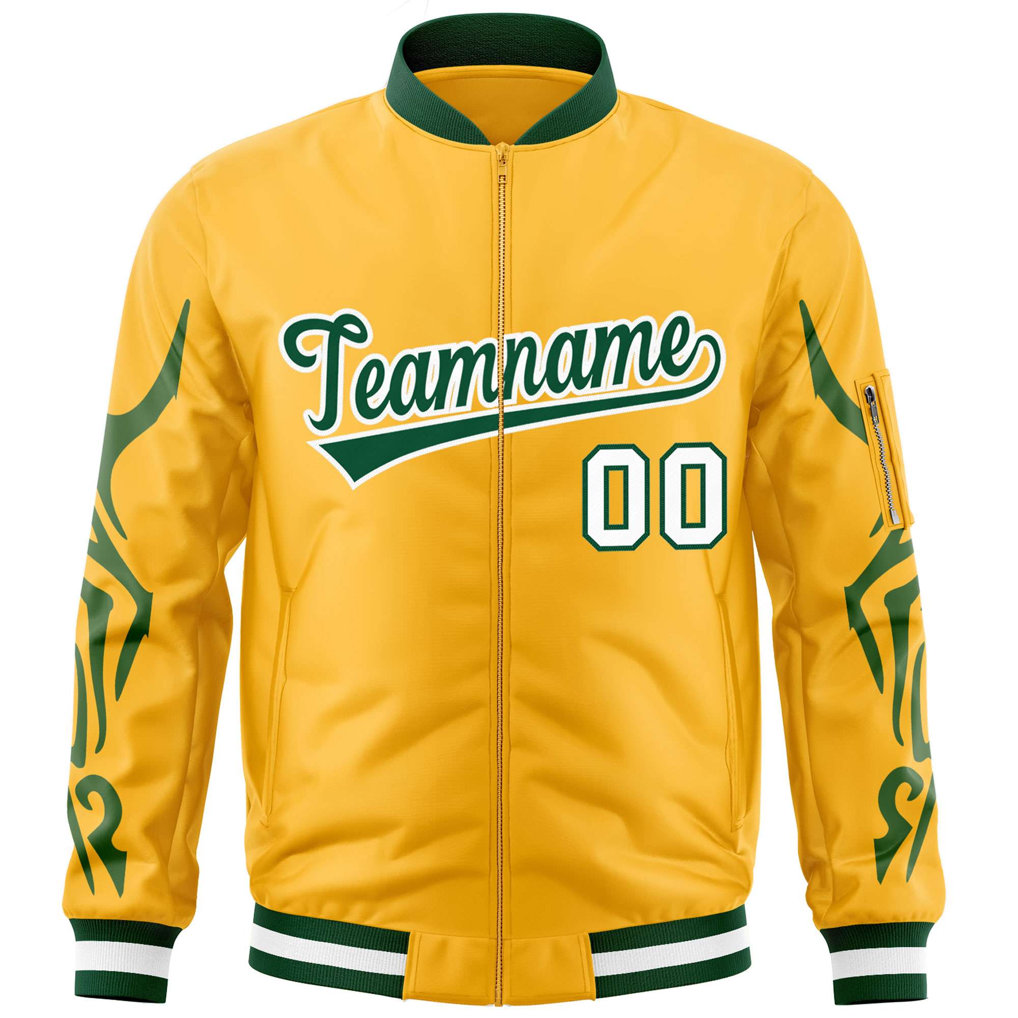 Custom Gold Green Varsity Full-Zip Dragon Head Graffiti Pattern Letterman Bomber Jacket