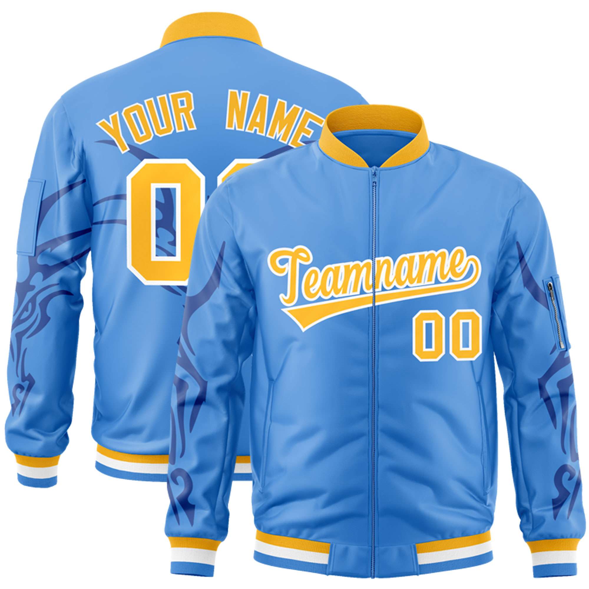 Custom Powder Blue Gold Varsity Full-Zip Dragon Head Graffiti Pattern Letterman Bomber Jacket