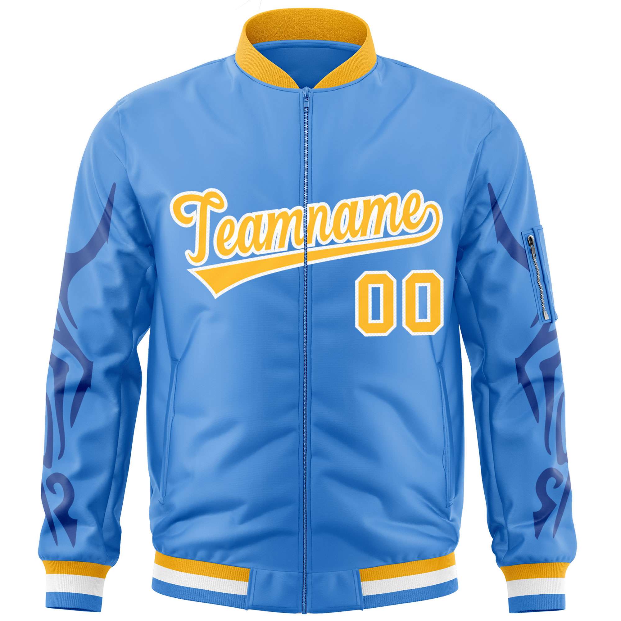 Custom Powder Blue Gold Varsity Full-Zip Dragon Head Graffiti Pattern Letterman Bomber Jacket