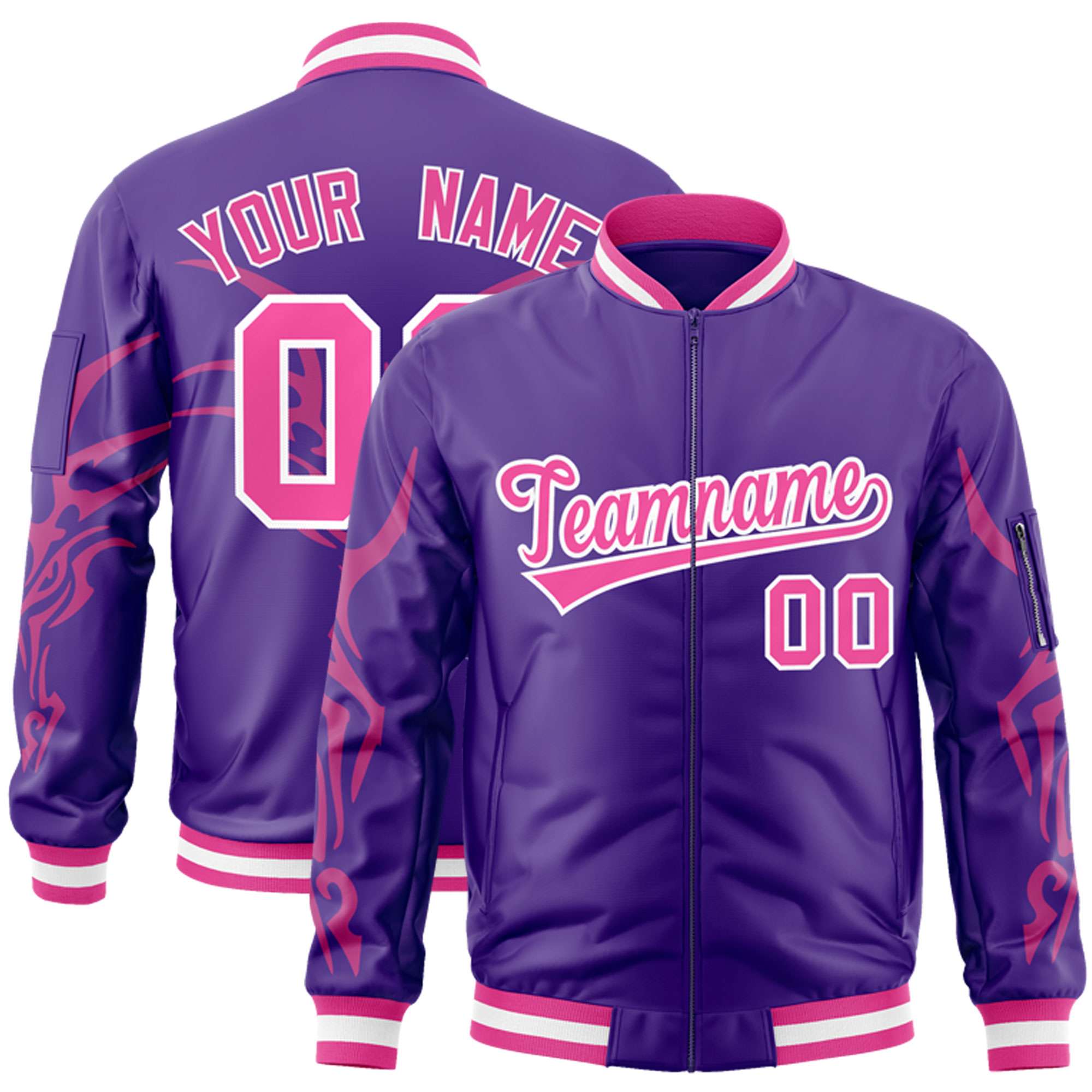 Custom Purple Pink Varsity Full-Zip Dragon Head Graffiti Pattern Letterman Bomber Jacket