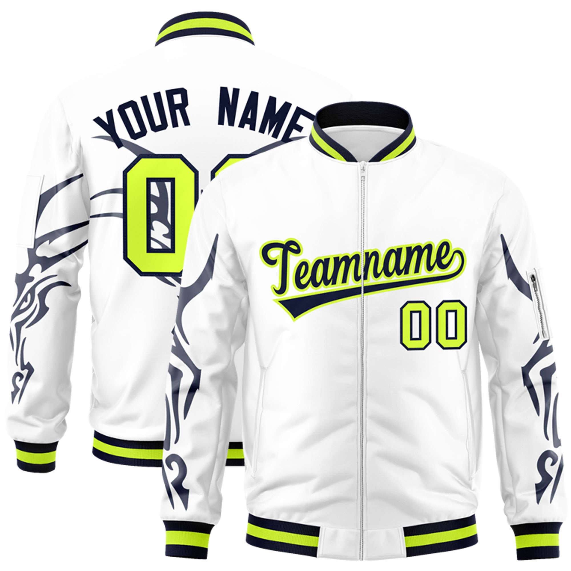 Custom White Navy Varsity Full-Zip Dragon Head Graffiti Pattern Letterman Bomber Jacket