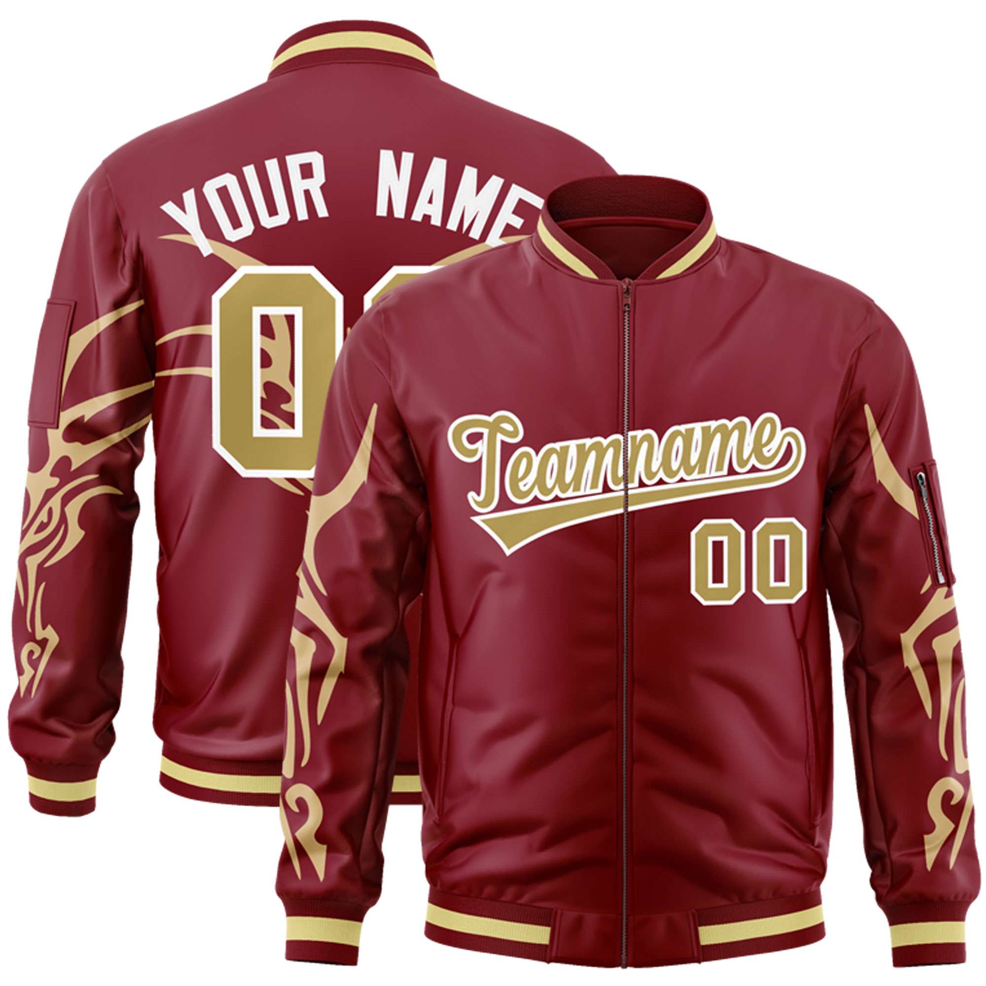 Custom Crimson Old Gold Varsity Full-Zip Dragon Head Graffiti Pattern Letterman Bomber Jacket