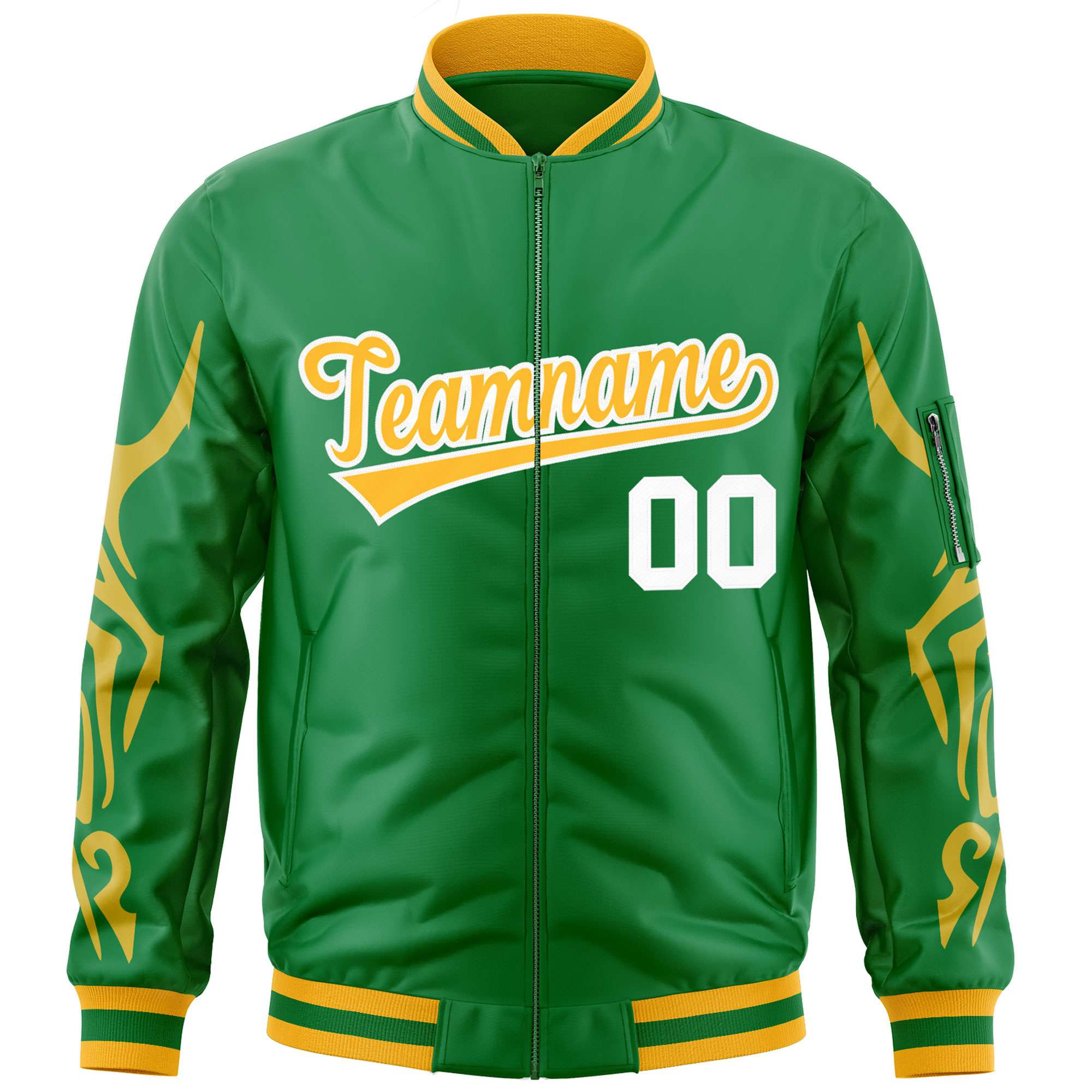 Custom Kelly Green Gold Varsity Full-Zip Dragon Head Graffiti Pattern Letterman Bomber Jacket