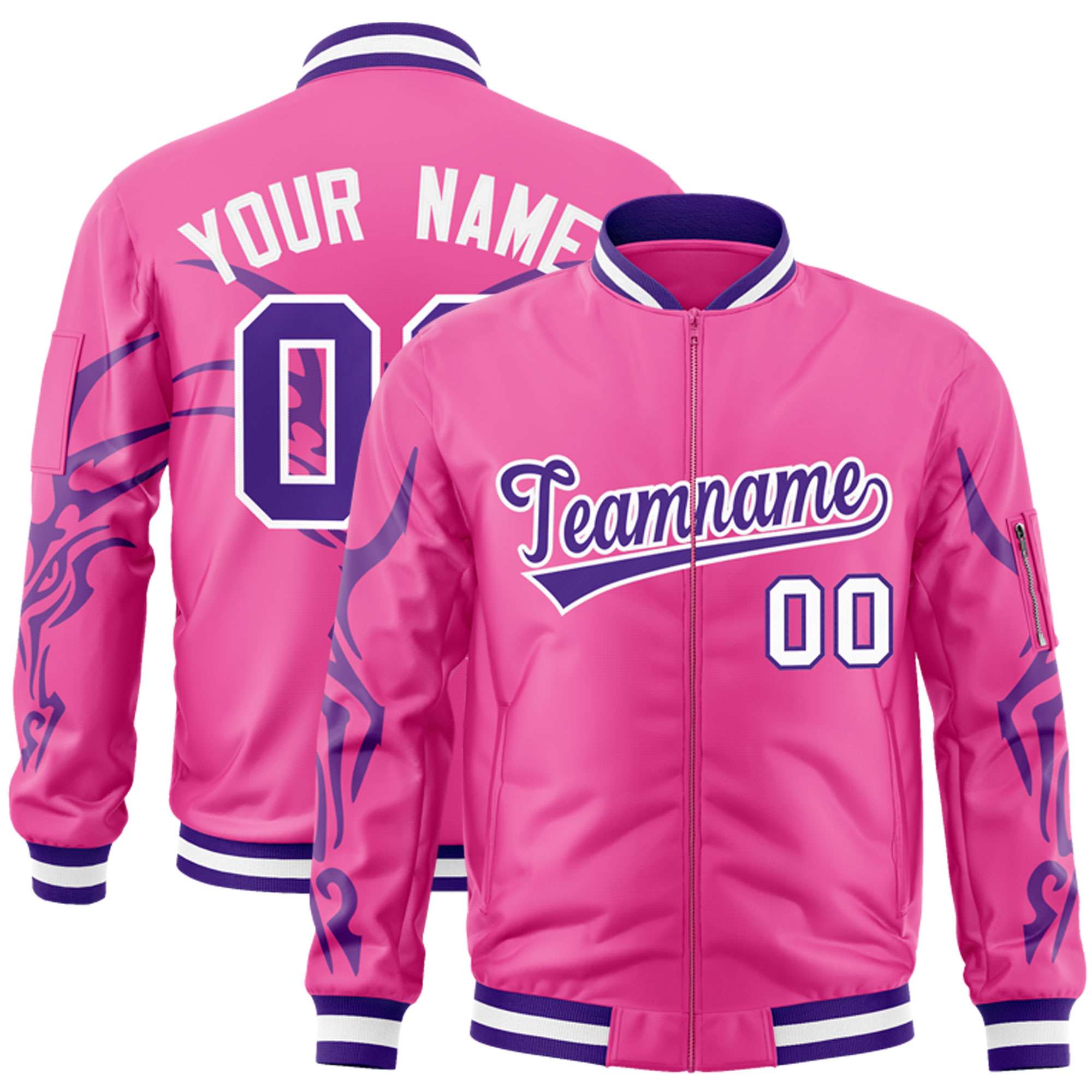 Custom Pink Purple Varsity Full-Zip Dragon Head Graffiti Pattern Letterman Bomber Jacket