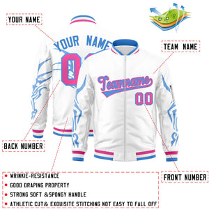 Custom White Powder Blue Varsity Full-Zip Dragon Head Graffiti Pattern Letterman Bomber Jacket