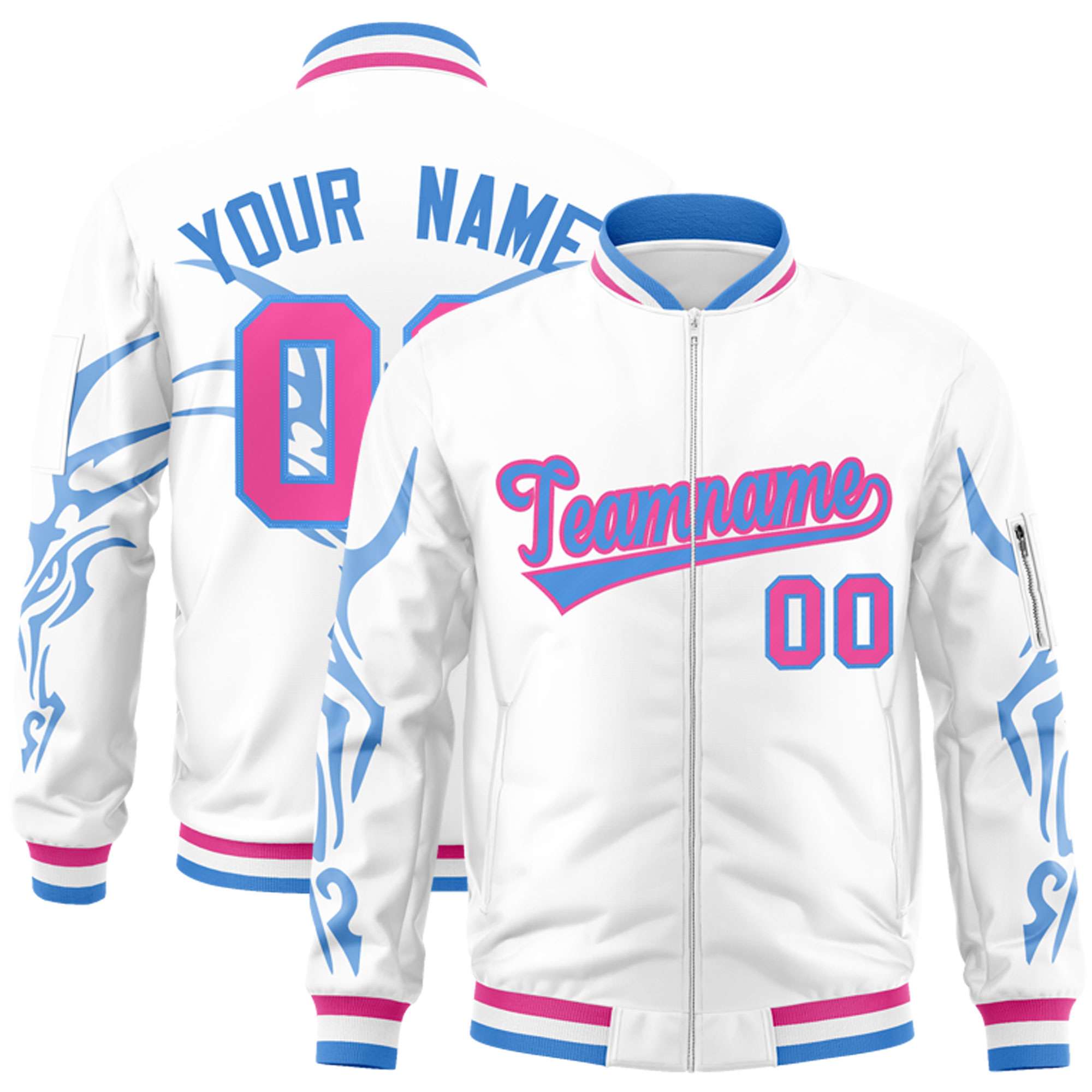 Custom White Powder Blue Varsity Full-Zip Dragon Head Graffiti Pattern Letterman Bomber Jacket