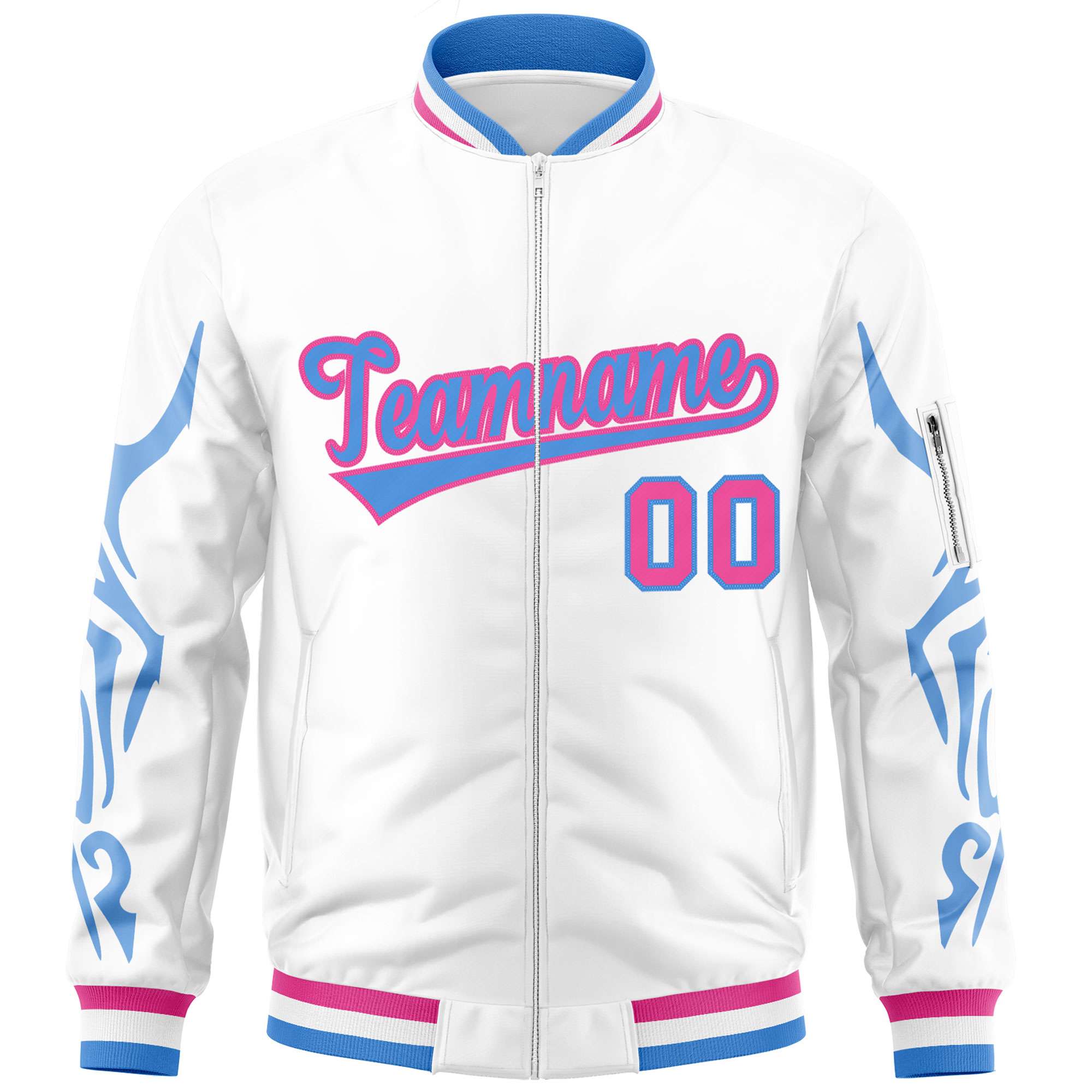 Custom White Powder Blue Varsity Full-Zip Dragon Head Graffiti Pattern Letterman Bomber Jacket