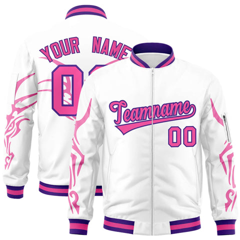Custom White Pink Varsity Full-Zip Dragon Head Graffiti Pattern Letterman Bomber Jacket