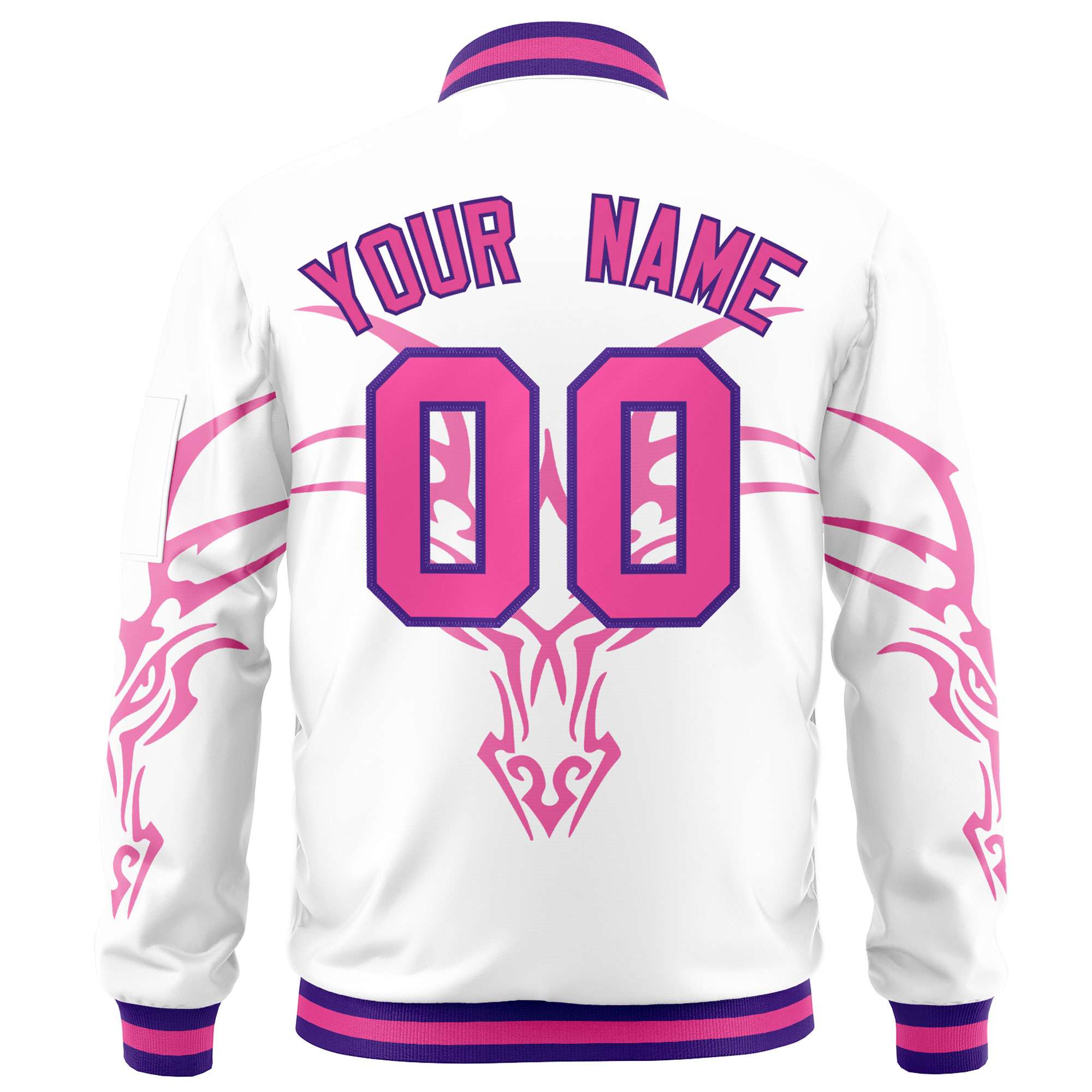 Custom White Pink Varsity Full-Zip Dragon Head Graffiti Pattern Letterman Bomber Jacket