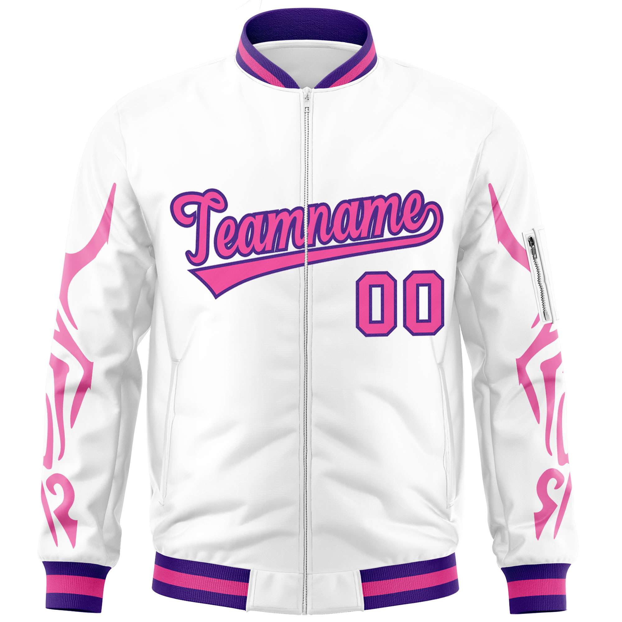 Custom White Pink Varsity Full-Zip Dragon Head Graffiti Pattern Letterman Bomber Jacket