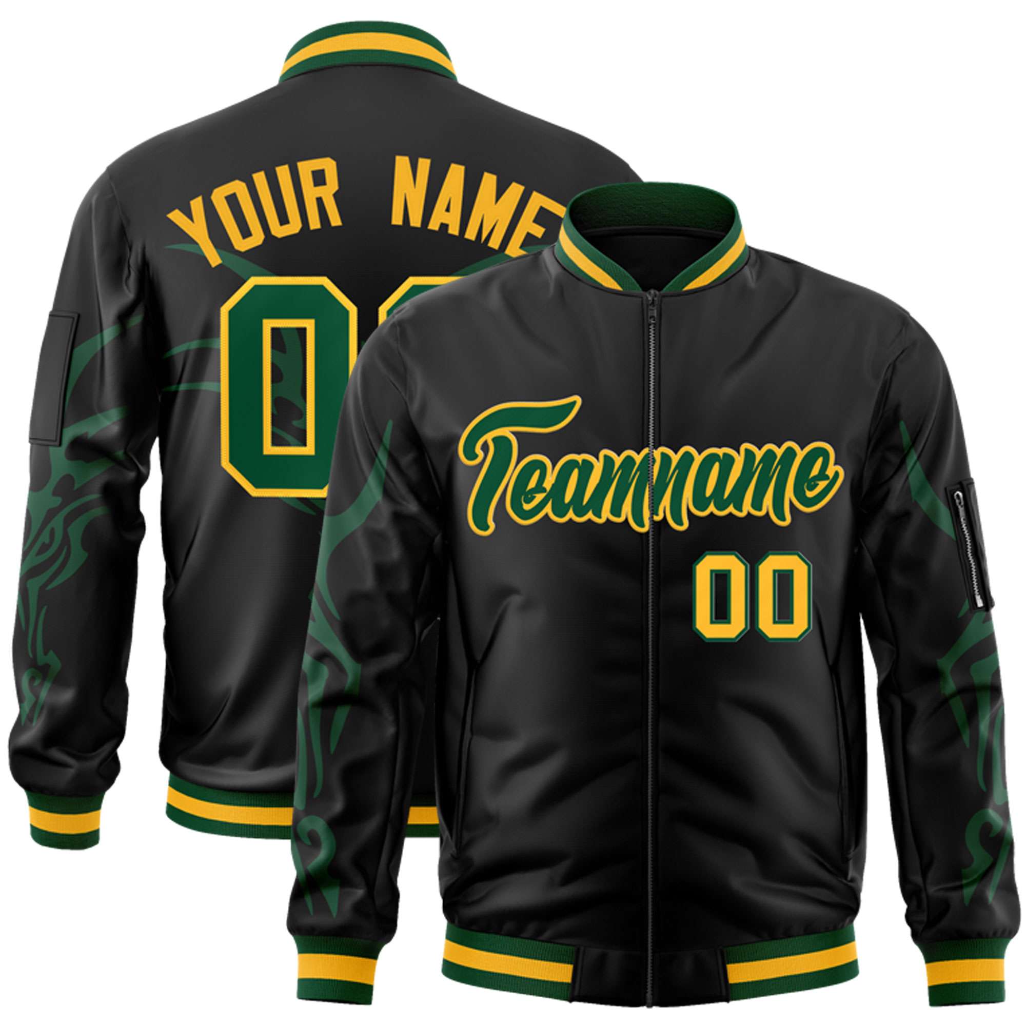 Custom Black Green Varsity Full-Zip Dragon Head Graffiti Pattern Letterman Bomber Jacket