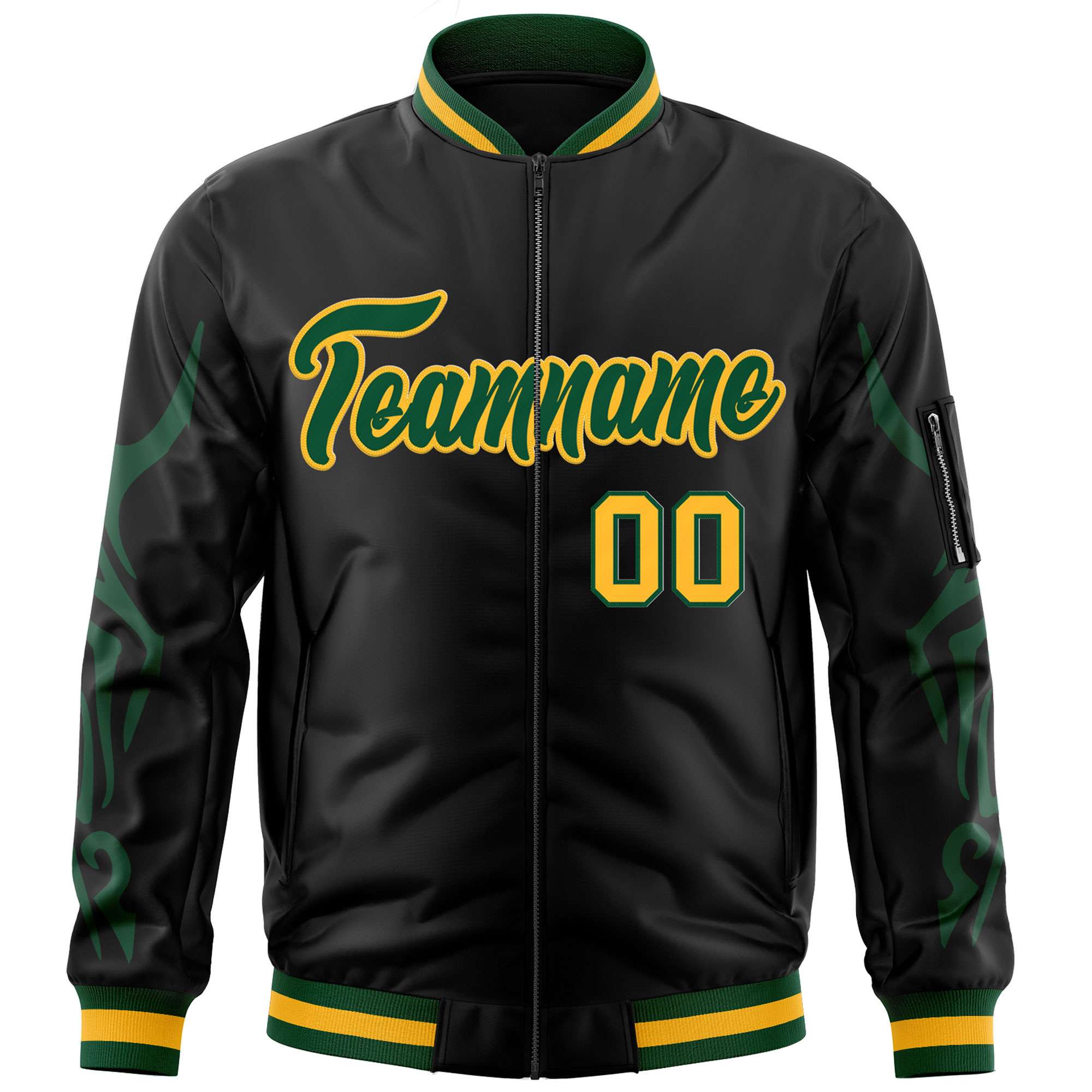 Custom Black Green Varsity Full-Zip Dragon Head Graffiti Pattern Letterman Bomber Jacket