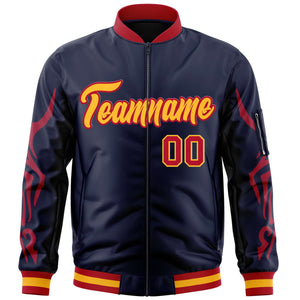 Custom Navy Red Varsity Full-Zip Dragon Head Graffiti Pattern Letterman Bomber Jacket