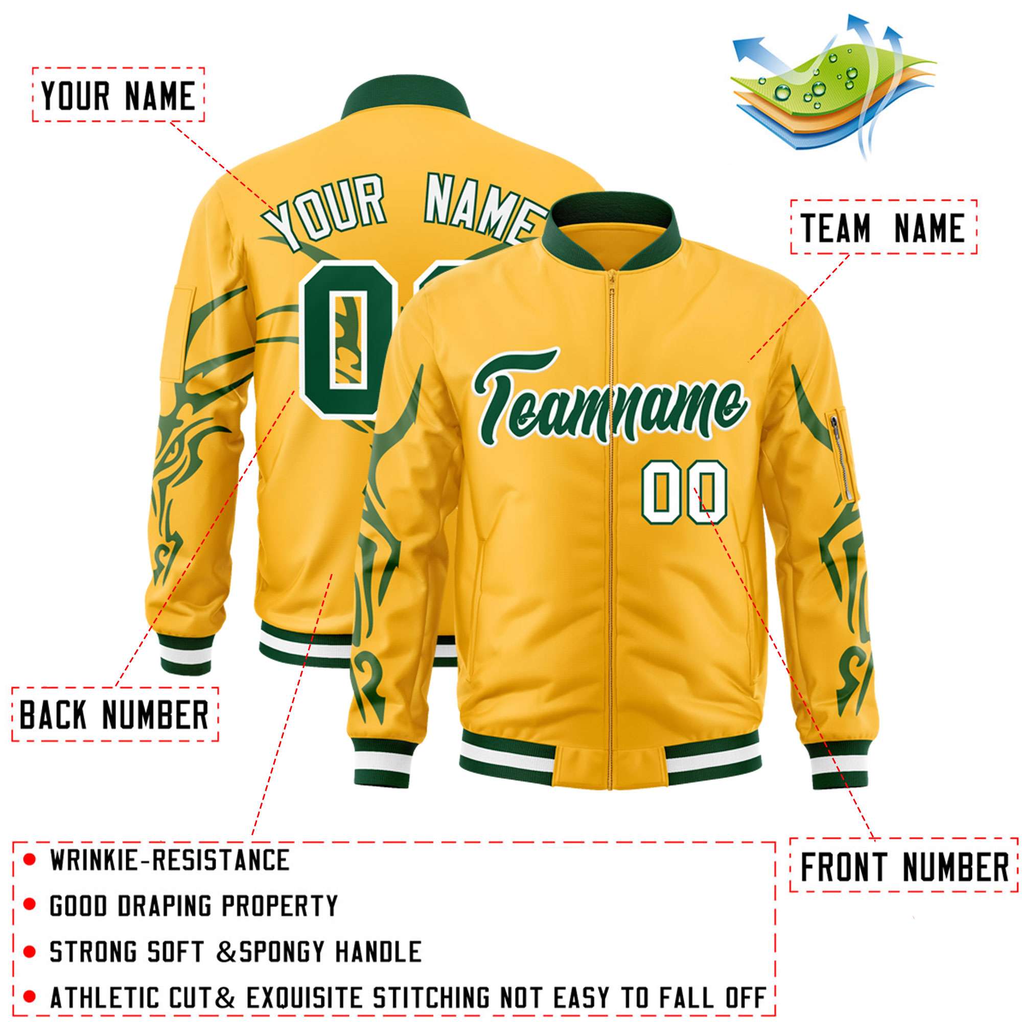 Custom Gold Green Varsity Full-Zip Dragon Head Graffiti Pattern Letterman Bomber Jacket