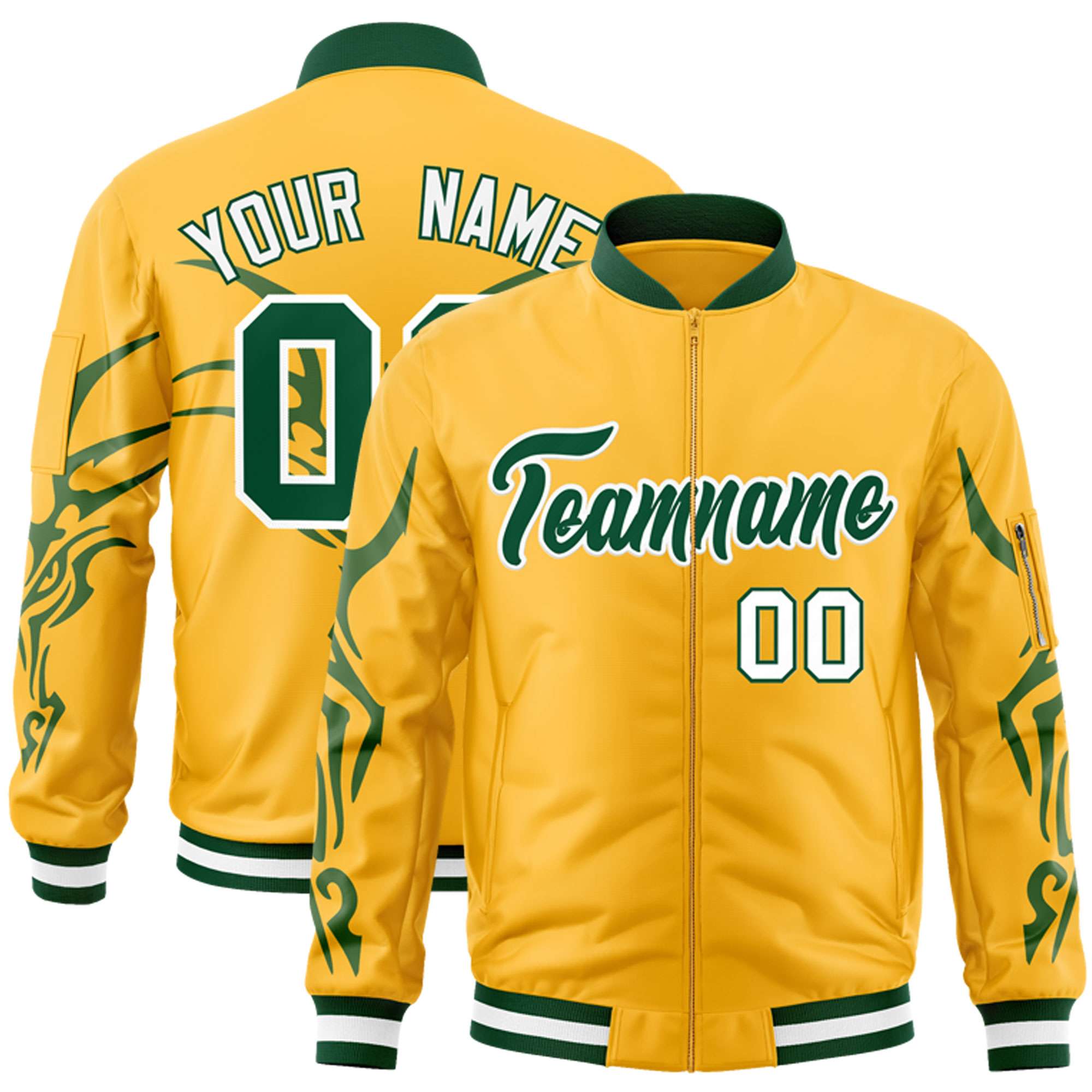 Custom Gold Green Varsity Full-Zip Dragon Head Graffiti Pattern Letterman Bomber Jacket