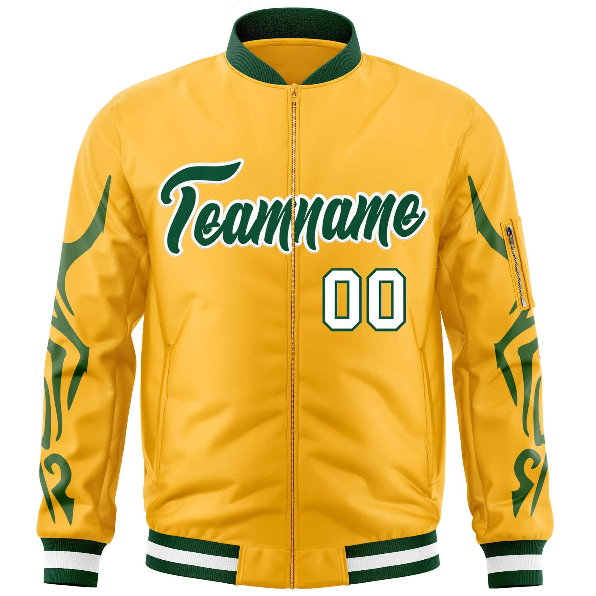 Custom Gold Green Varsity Full-Zip Dragon Head Graffiti Pattern Letterman Bomber Jacket