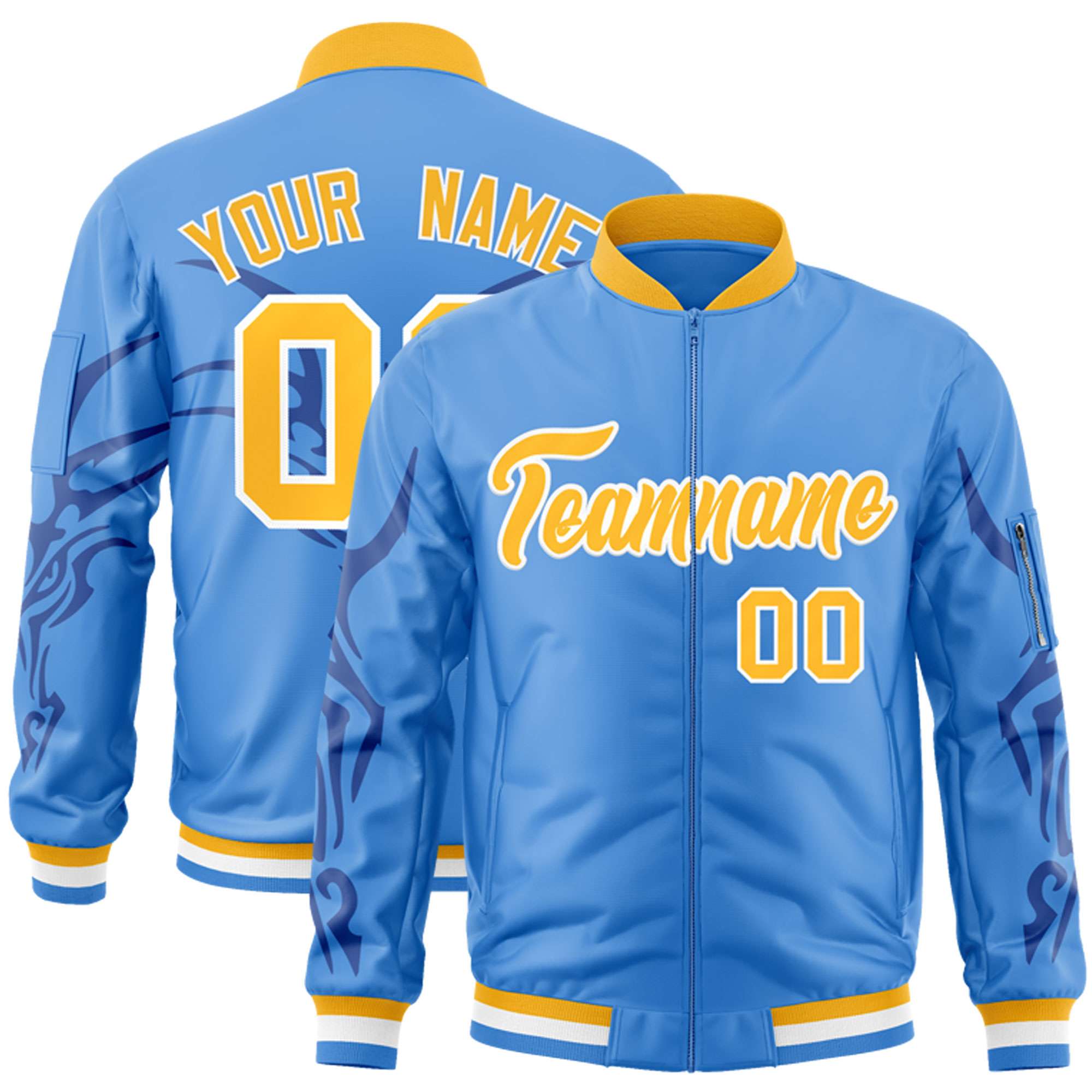 Custom Powder Blue Gold Varsity Full-Zip Dragon Head Graffiti Pattern Letterman Bomber Jacket