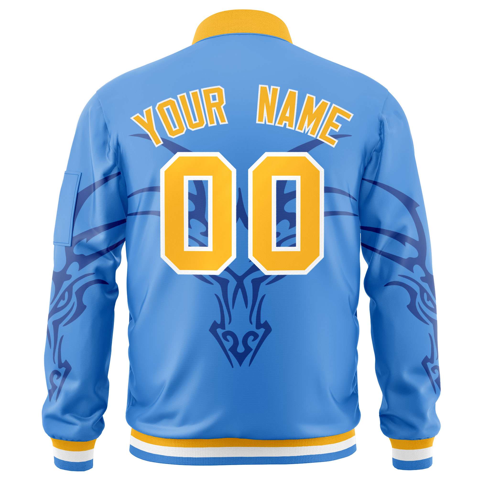 Custom Powder Blue Gold Varsity Full-Zip Dragon Head Graffiti Pattern Letterman Bomber Jacket