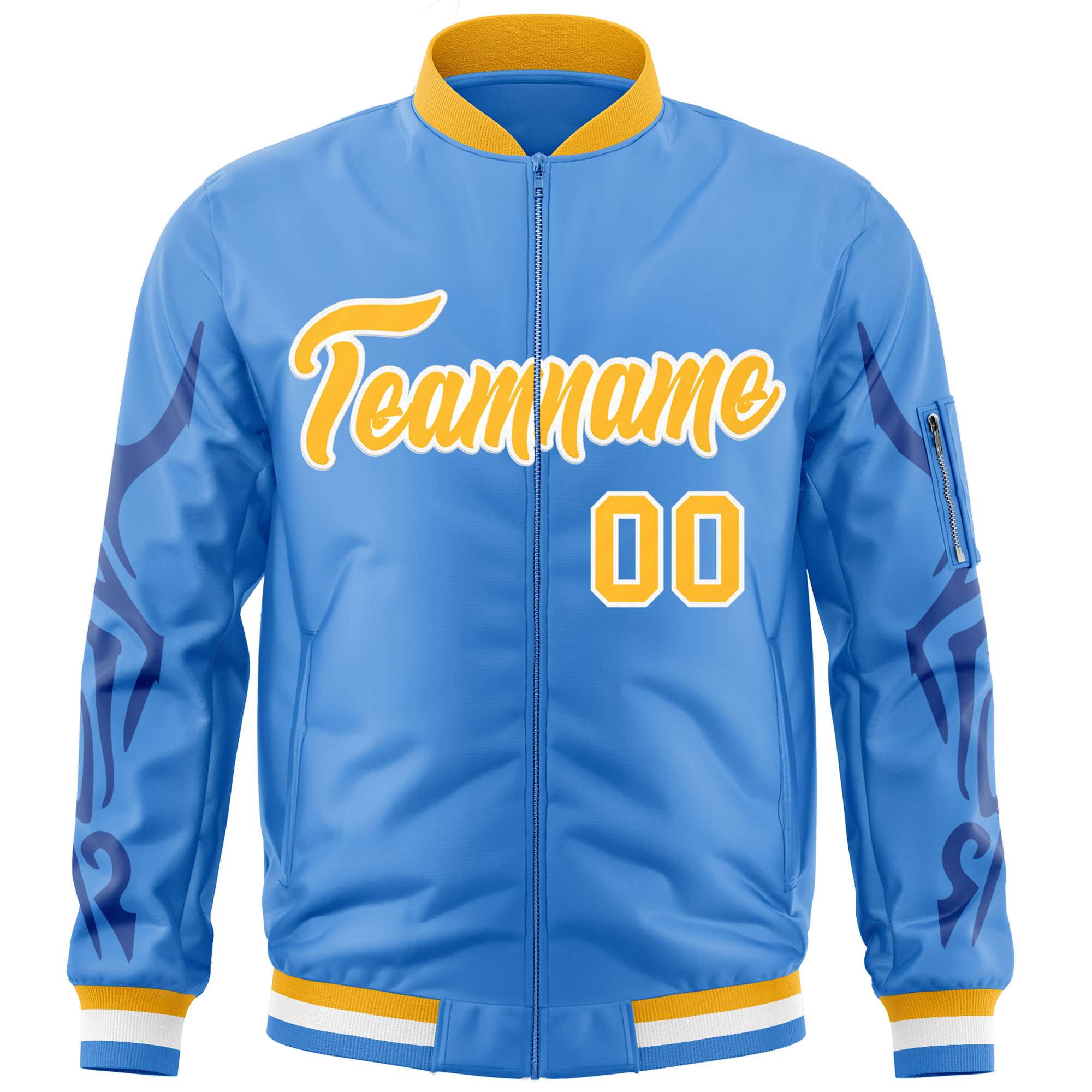 Custom Powder Blue Gold Varsity Full-Zip Dragon Head Graffiti Pattern Letterman Bomber Jacket