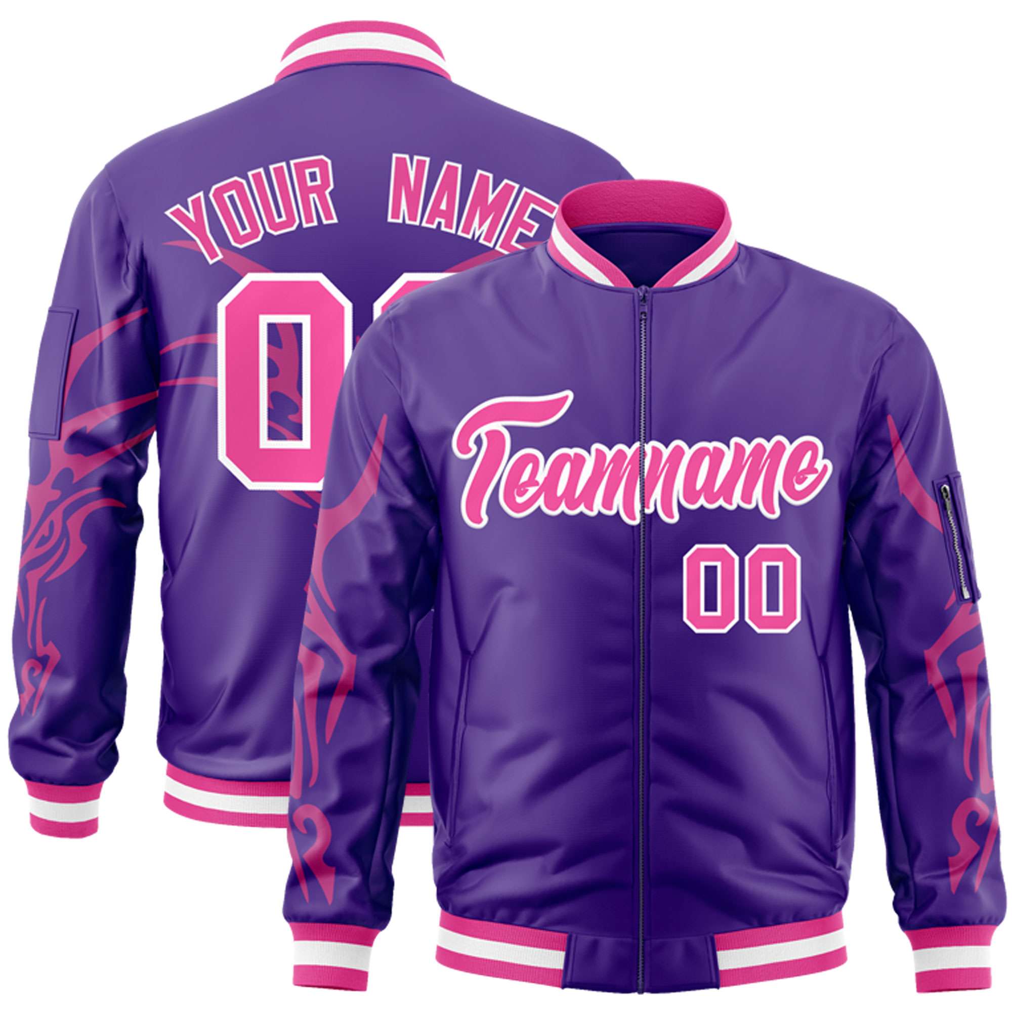 Custom Purple Pink Varsity Full-Zip Dragon Head Graffiti Pattern Letterman Bomber Jacket